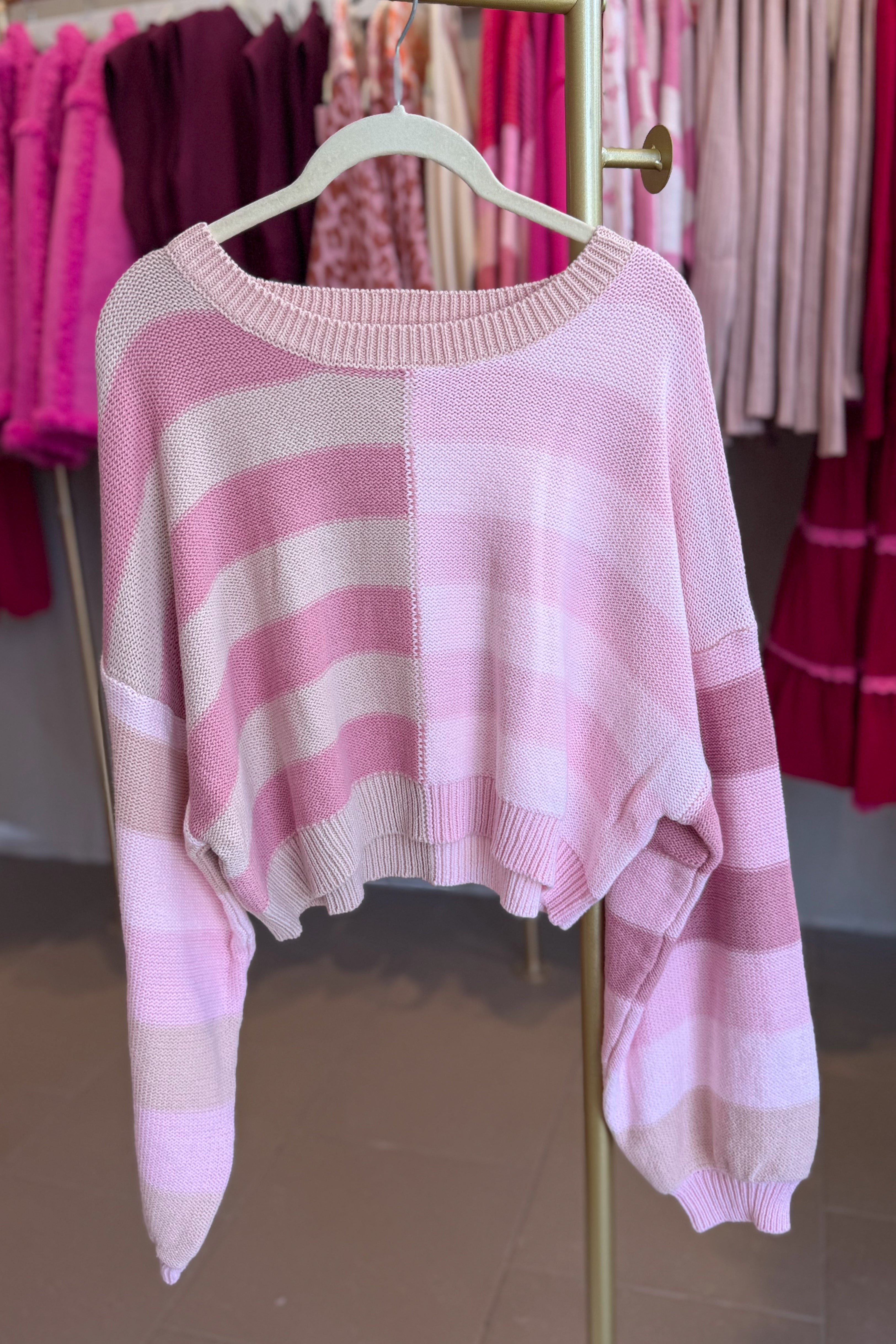 Pink and Beige Contrast Striped Sweater