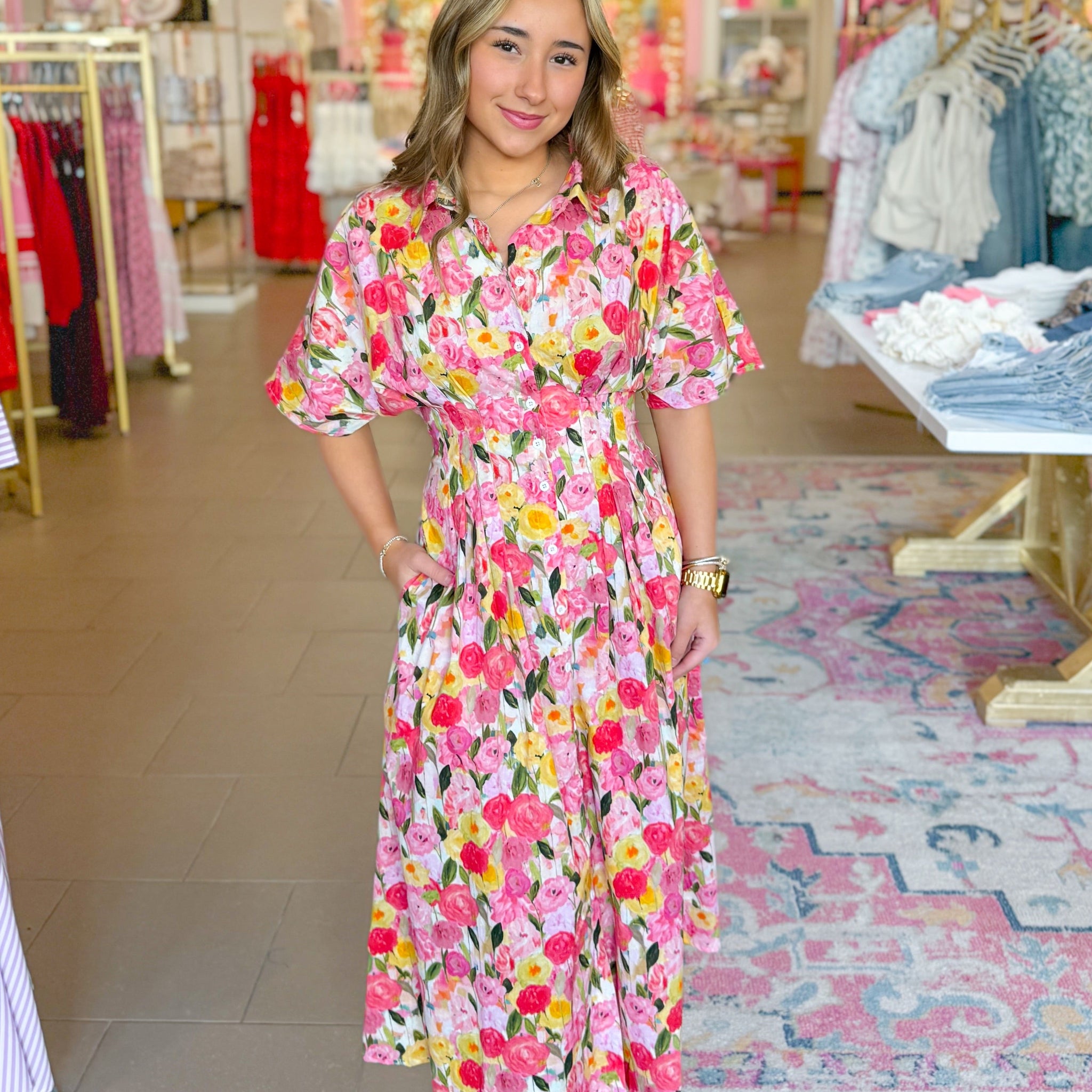 Pink Floral Pintuck Waist Midi Dress