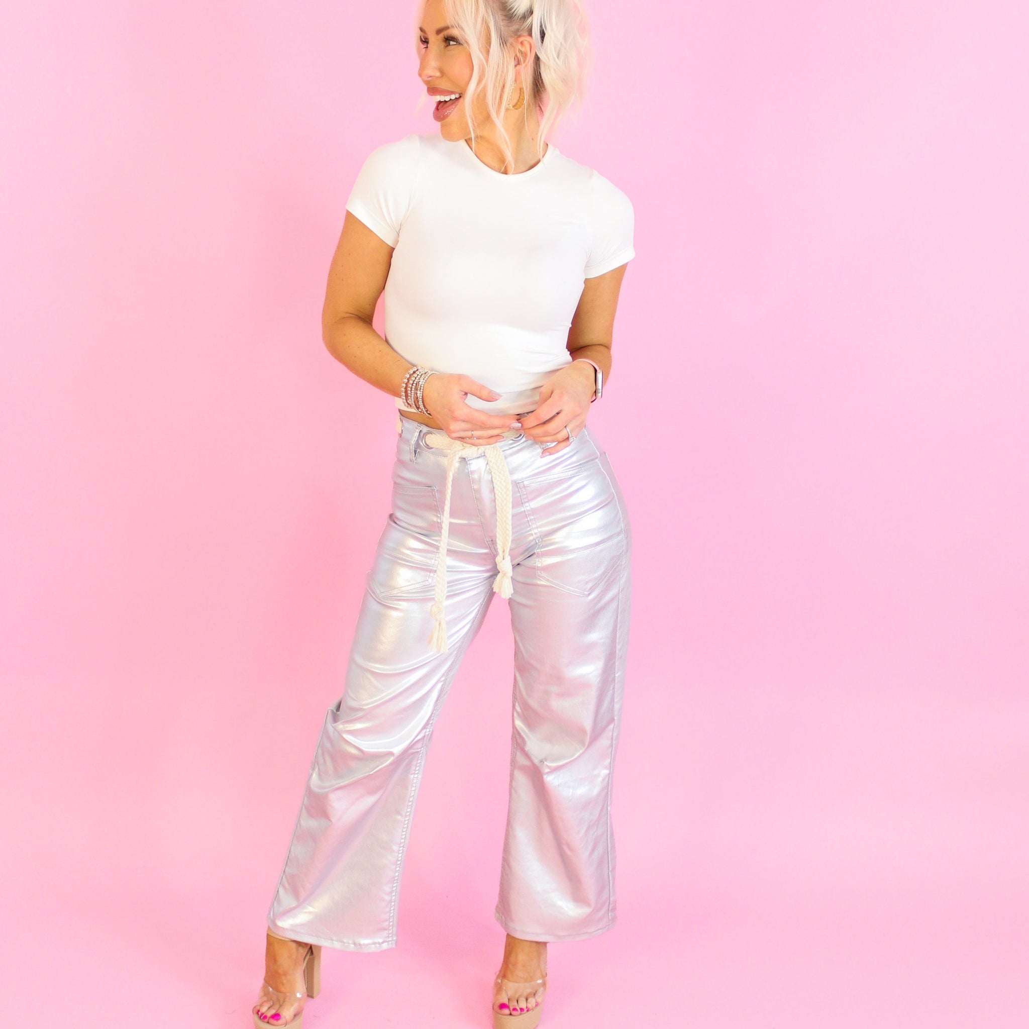 Metallic Silver Barrel Bag Jeans