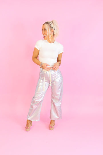 Metallic Silver Barrel Bag Jeans