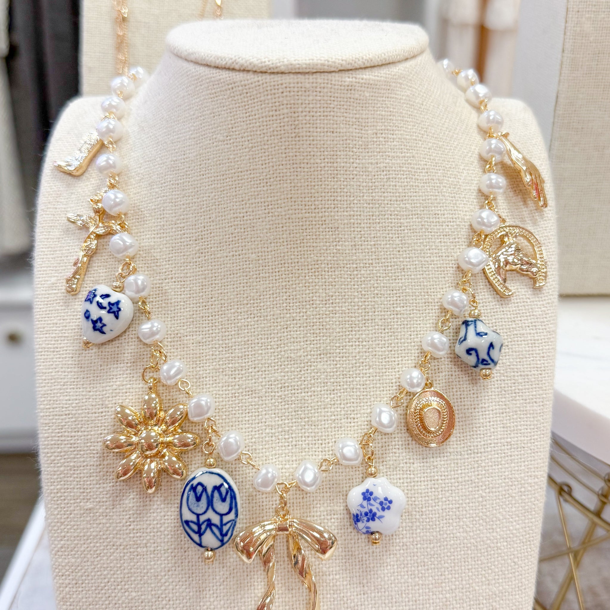 Bow Pearl Chain Charm Necklace
