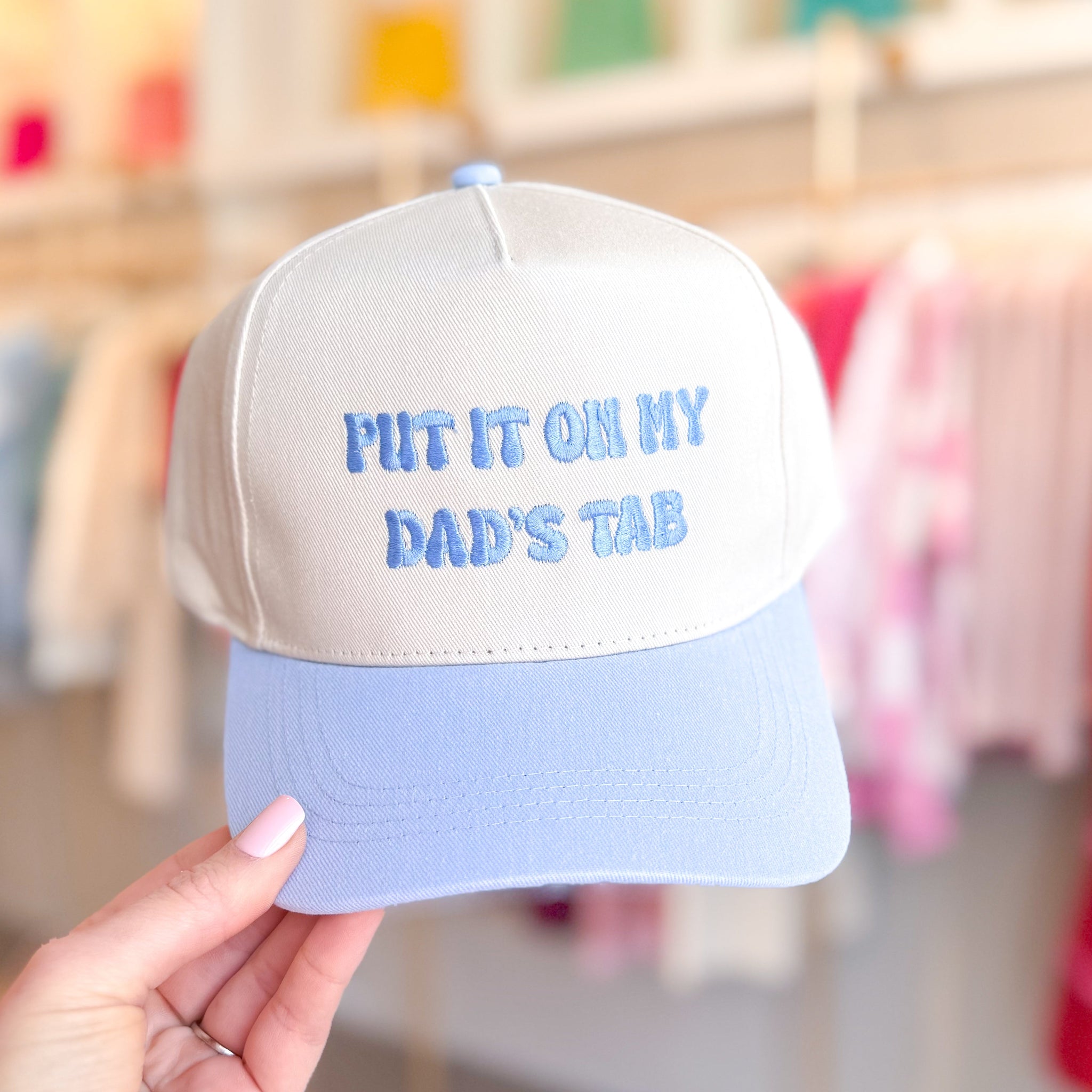 Powder Blue Put It On My Dad's Tab Embroidered Trucker Hat