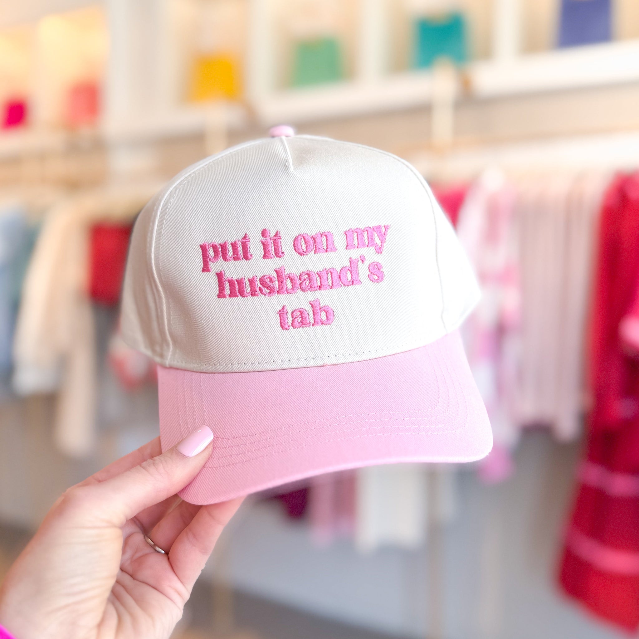 Put It On My Husbands Tab Embroidered Trucker Hat - Baby Pink