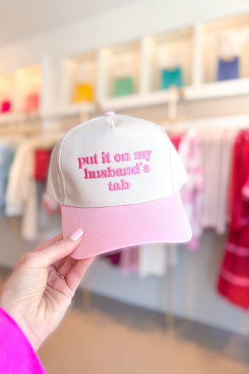 Put It On My Husbands Tab Embroidered Trucker Hat - Baby Pink