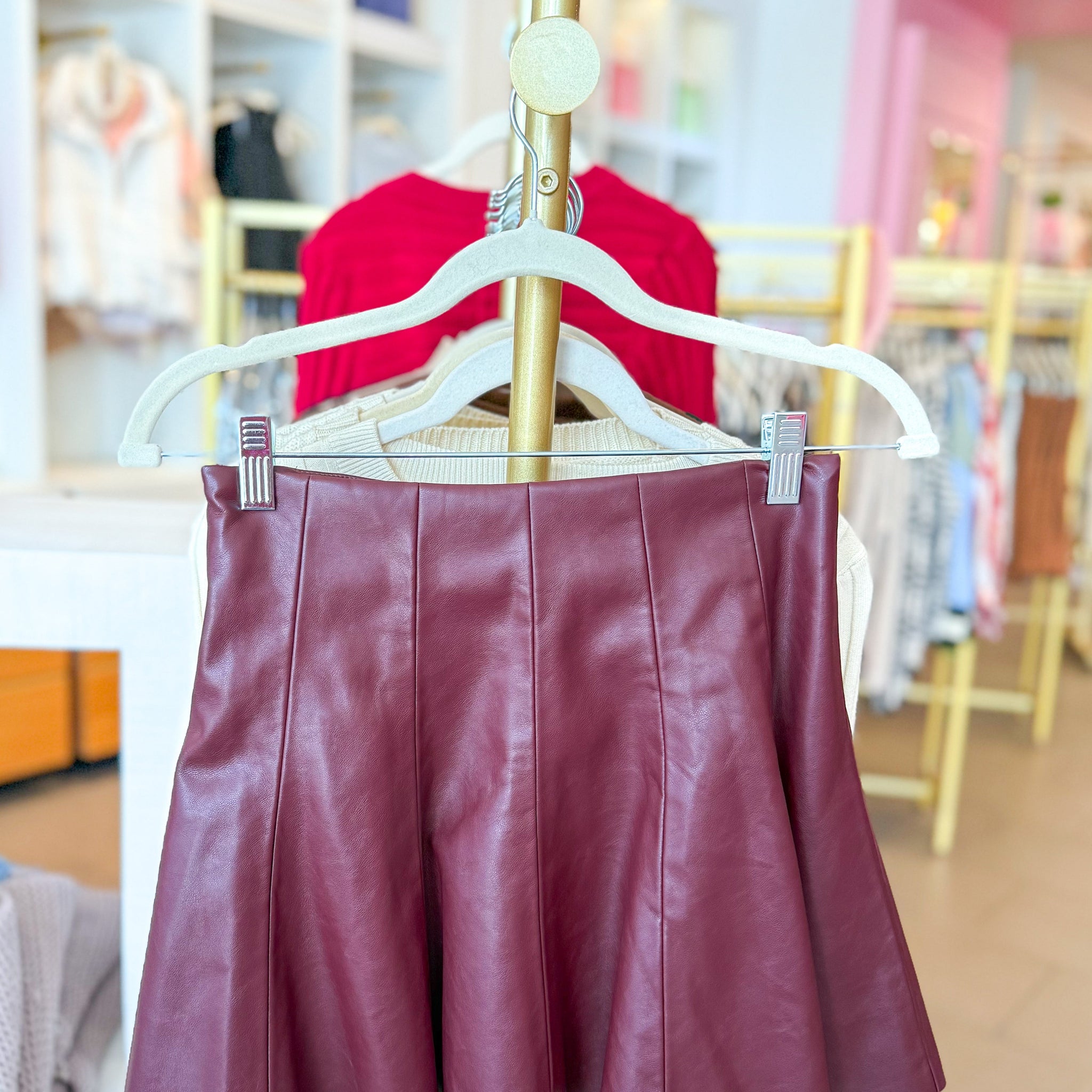 Wine Red Flared Faux Leather Skort