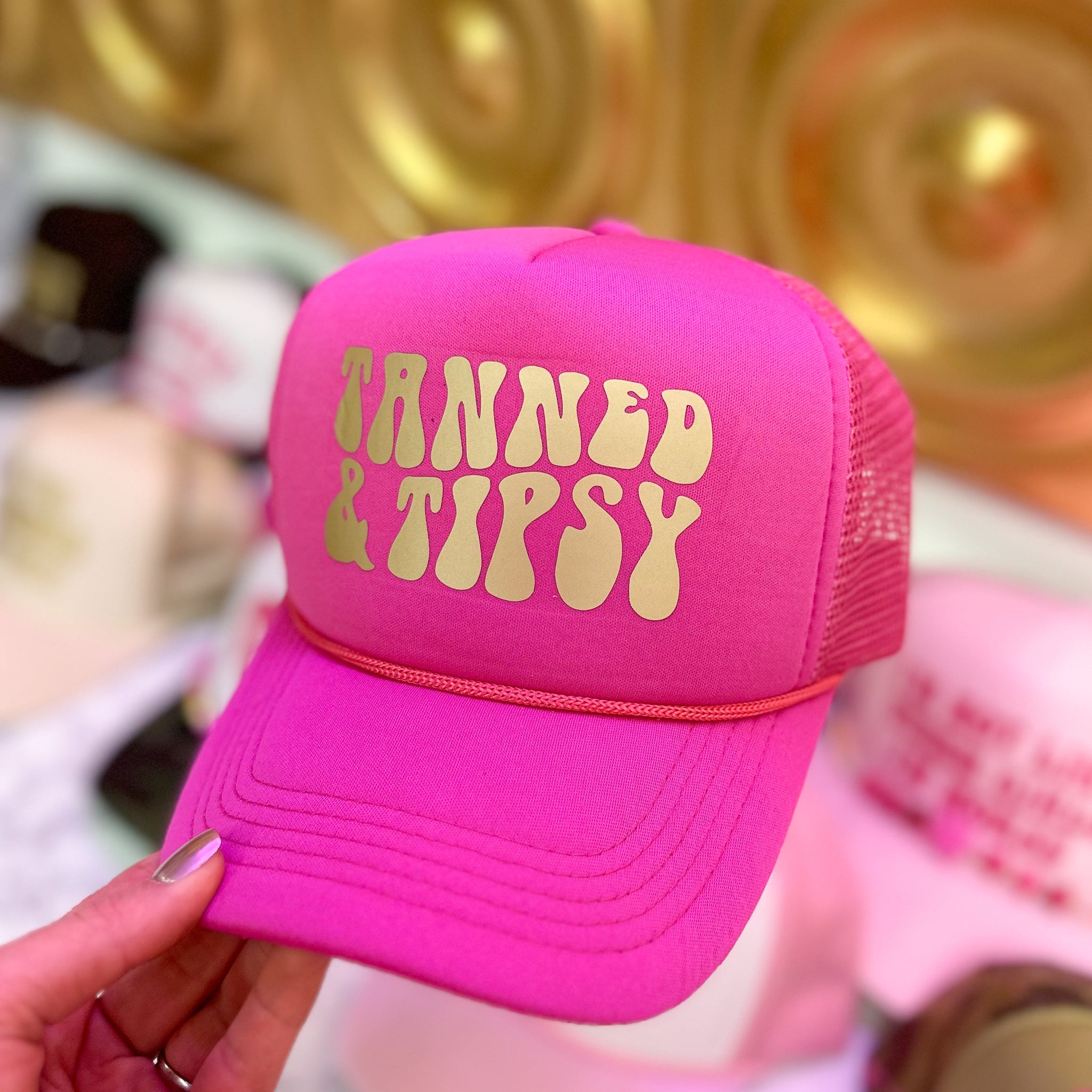 Gold Tanned And Tipsy Pink Trucker Hat
