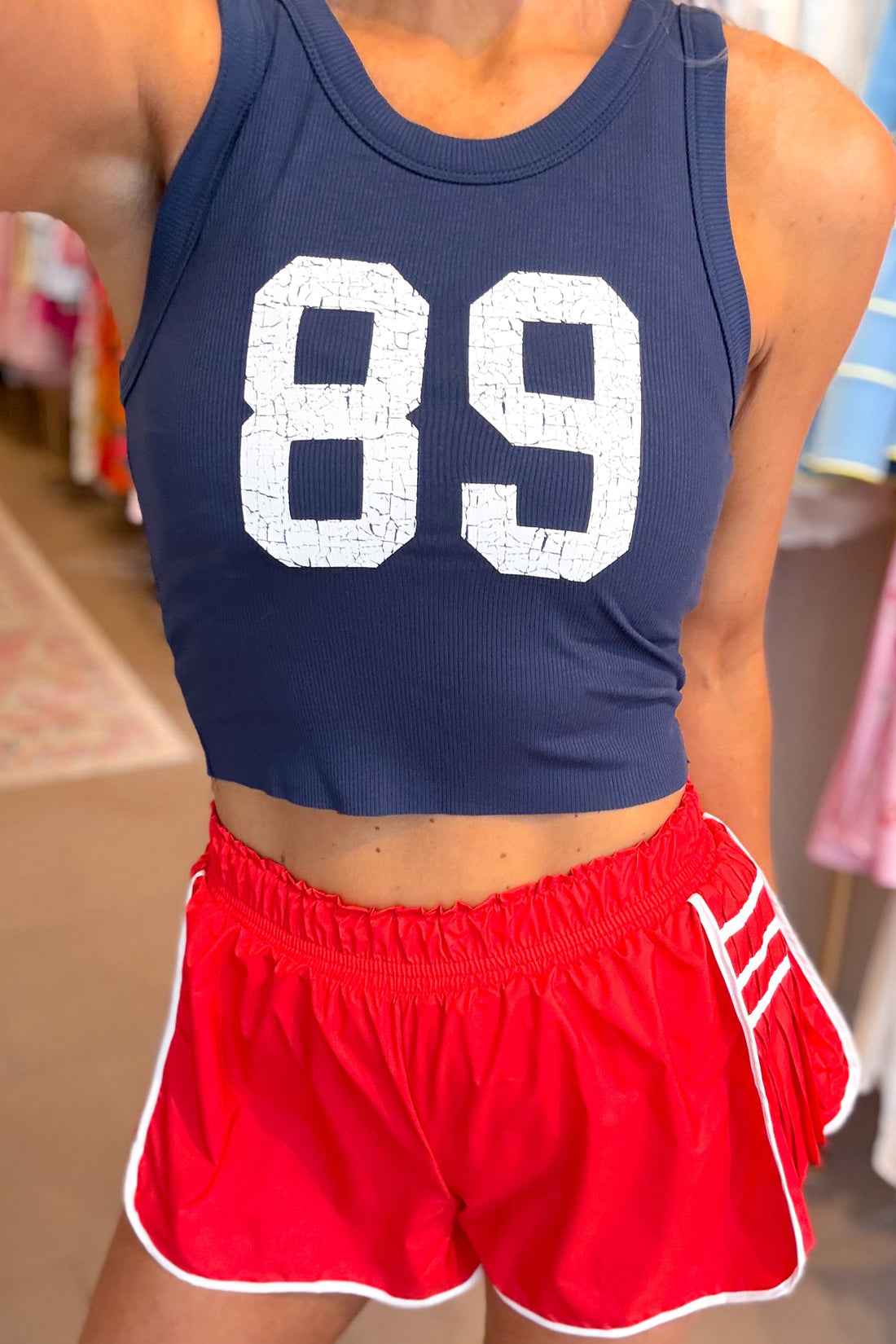 On Point Red and White Pleated Detail Athletic Shorts