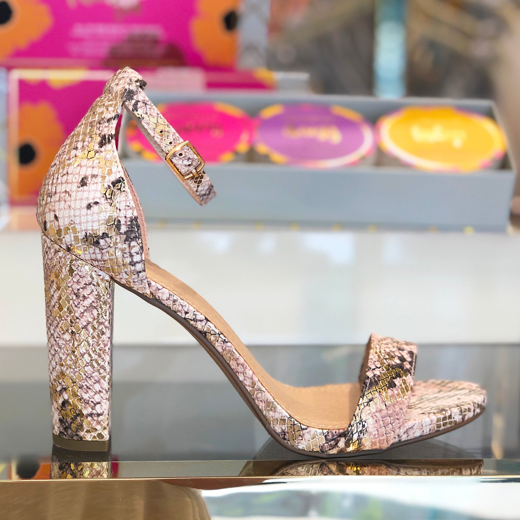 Gold Snakeskin Block Heeled Sandal