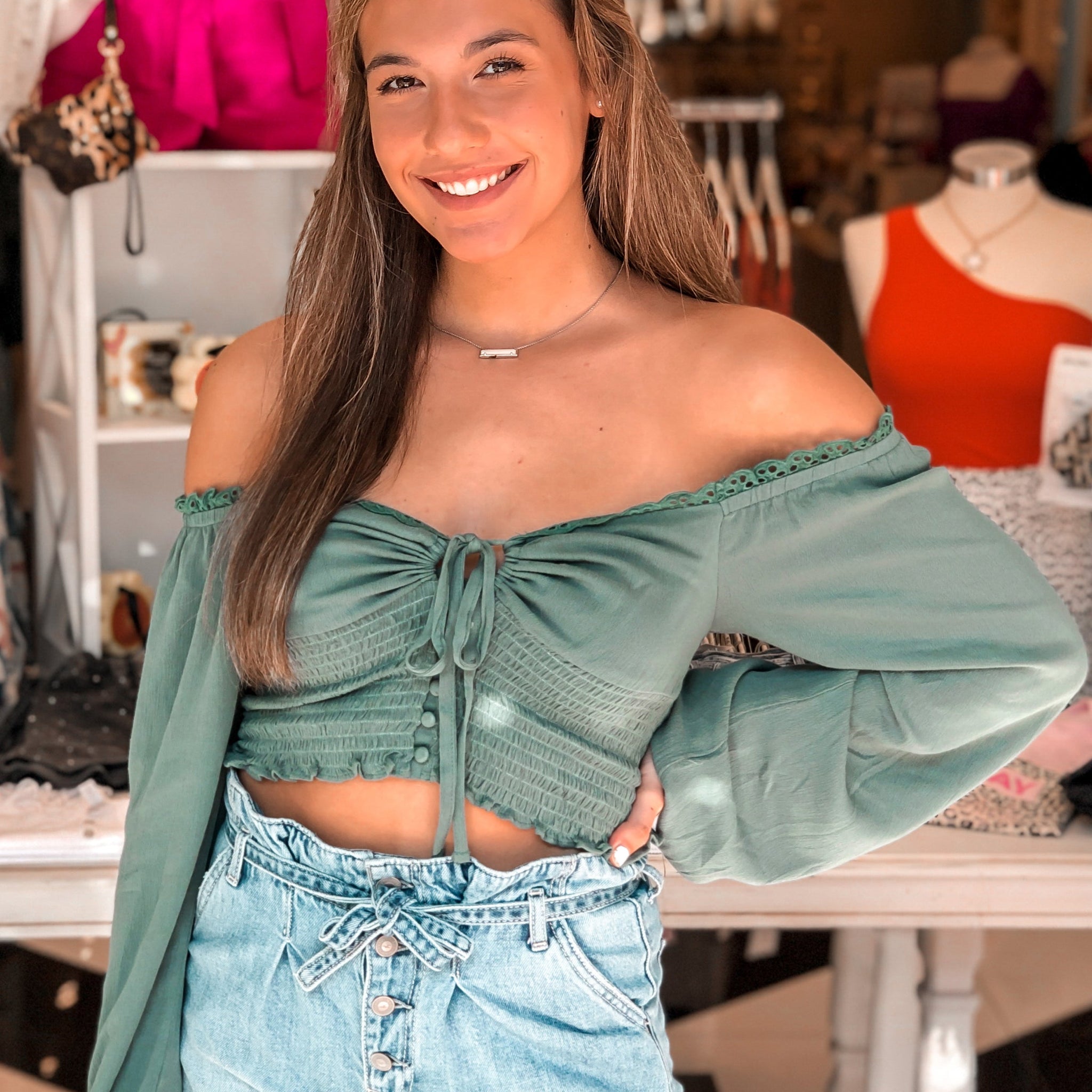 Green Long Sleeve Smocked Top