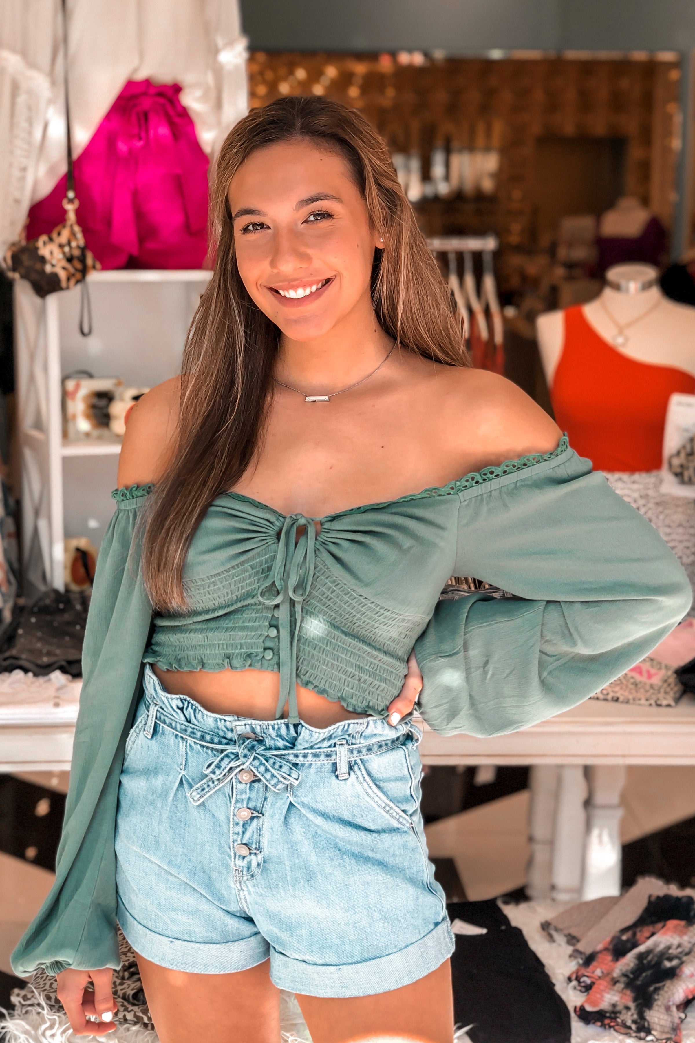 Green Long Sleeve Smocked Top