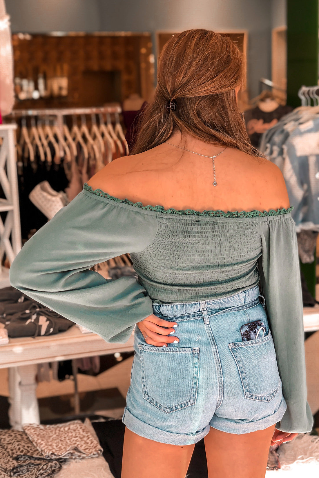 Green Long Sleeve Smocked Top