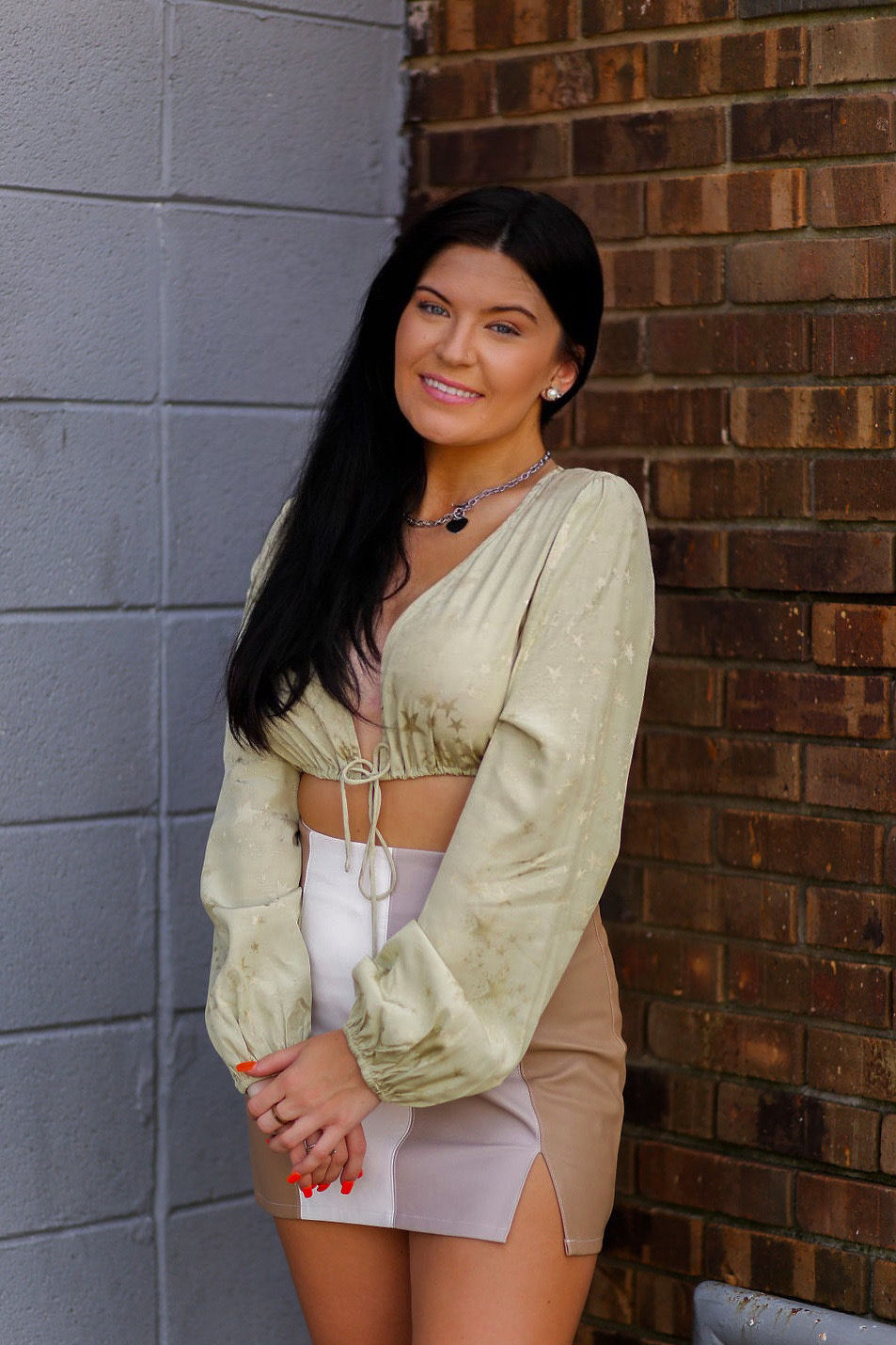 Green Satin Star Print Long Sleeve Blouse