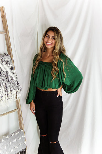 Green Silky Off The Shoulder Bubble Sleeve Top