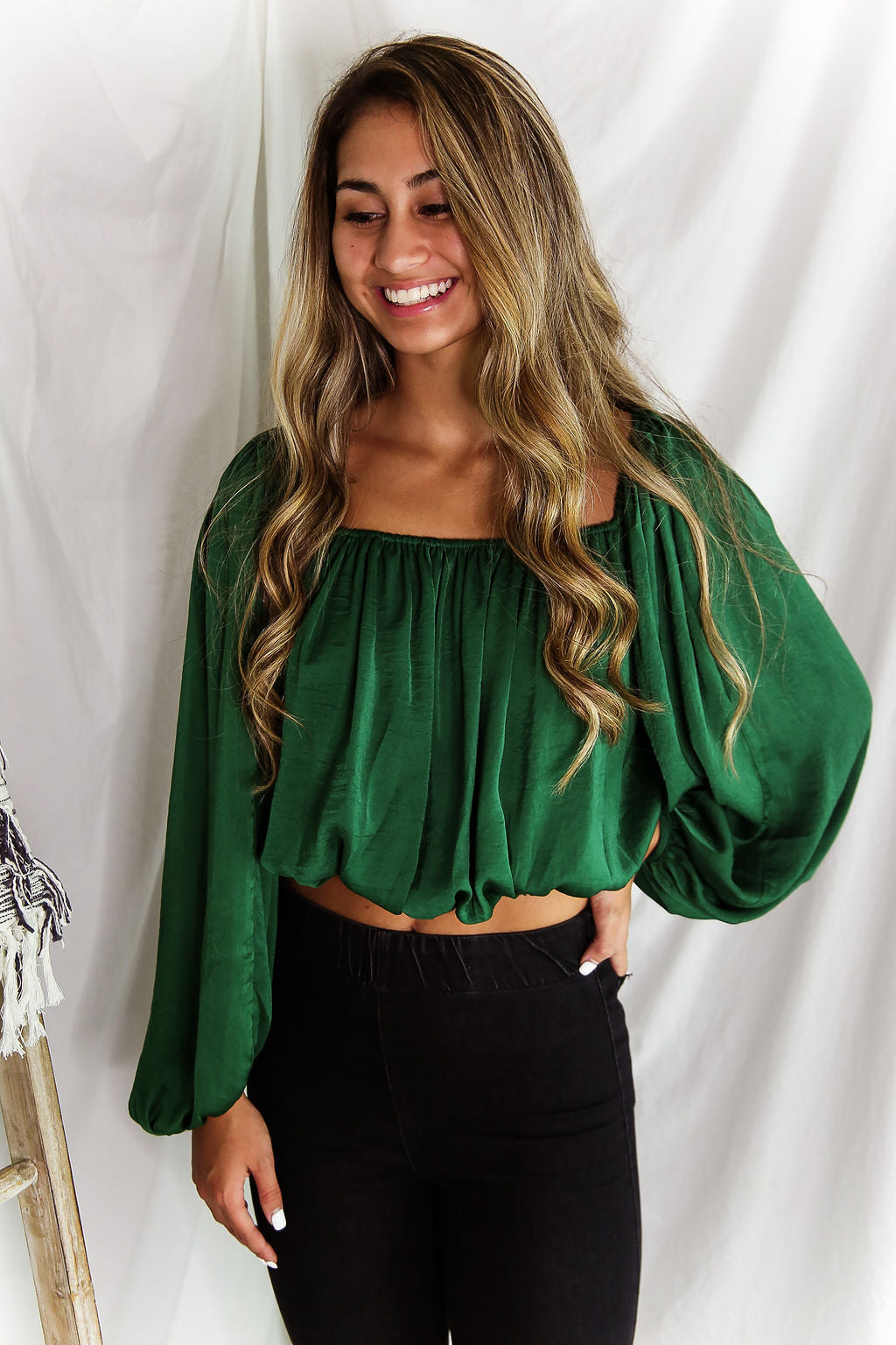 Green Silky Off The Shoulder Bubble Sleeve Top