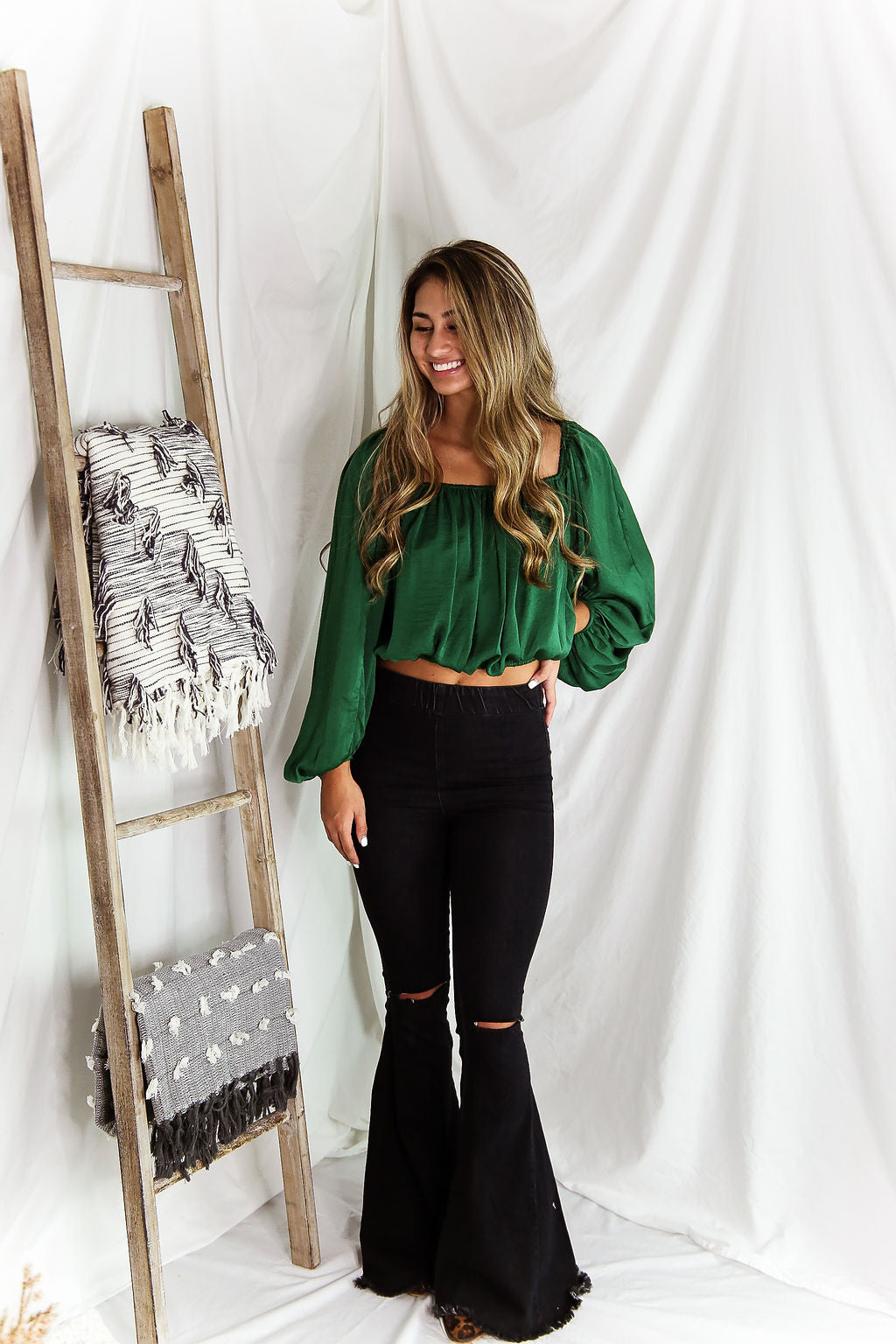 Green Silky Off The Shoulder Bubble Sleeve Top