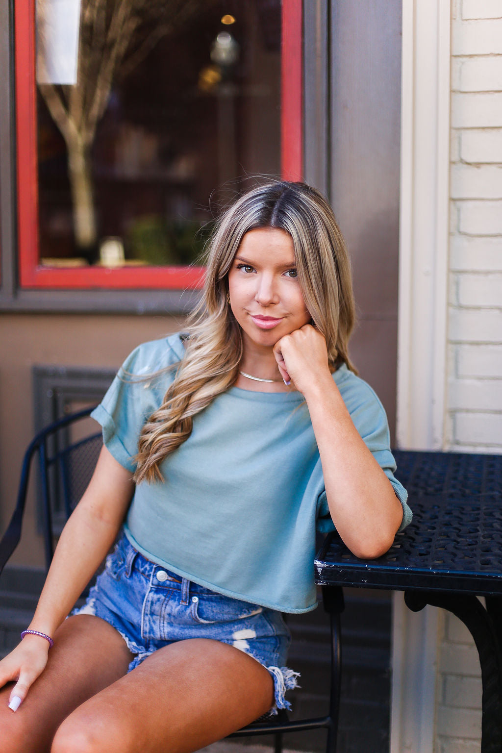 Green Slouchy Shoulder Crop Top