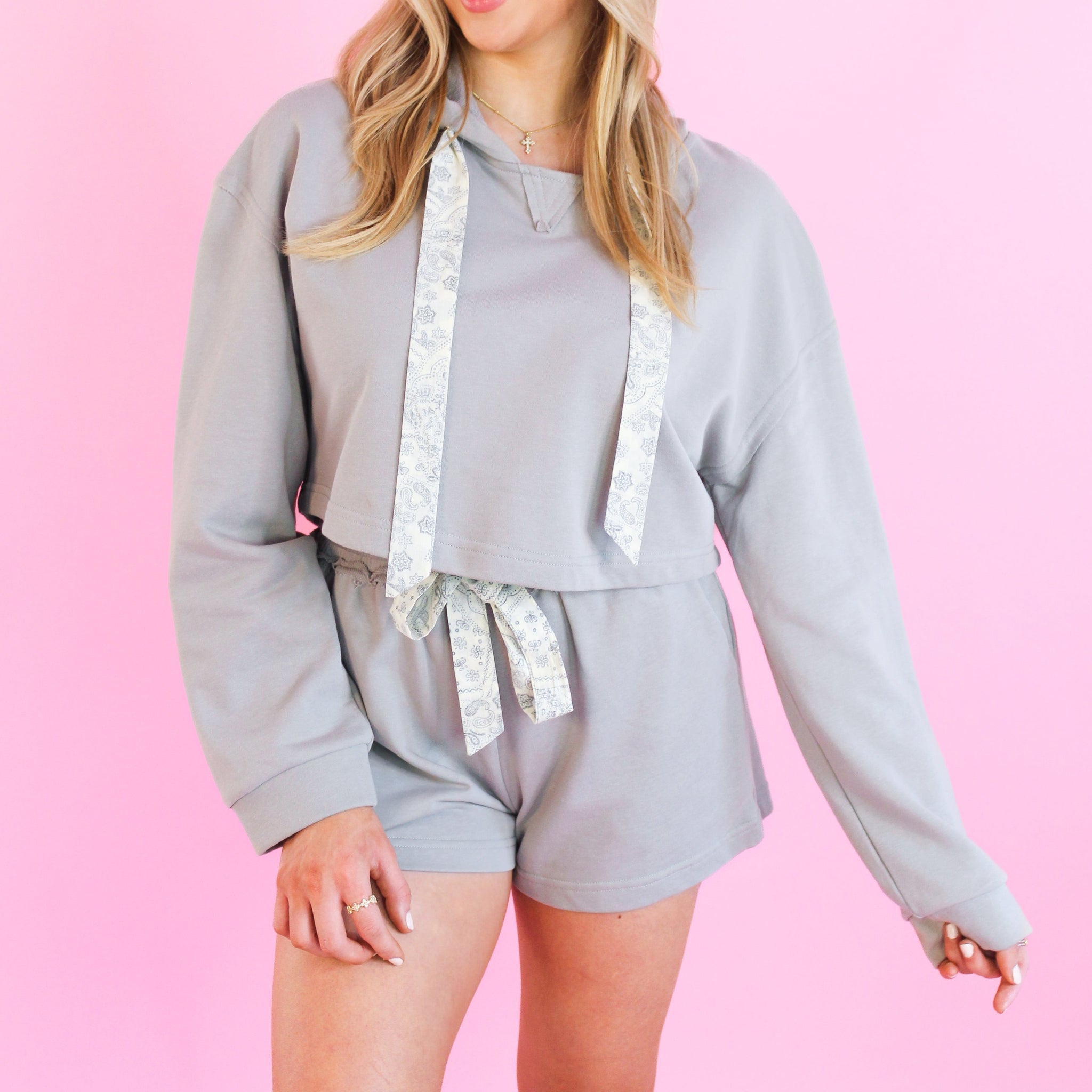Grey Paisley Detail Cropped Hoodie Set