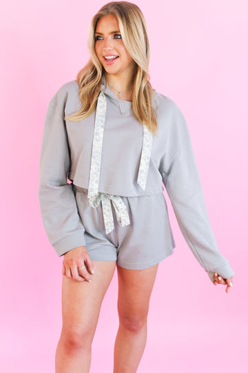 Grey Paisley Detail Cropped Hoodie Set