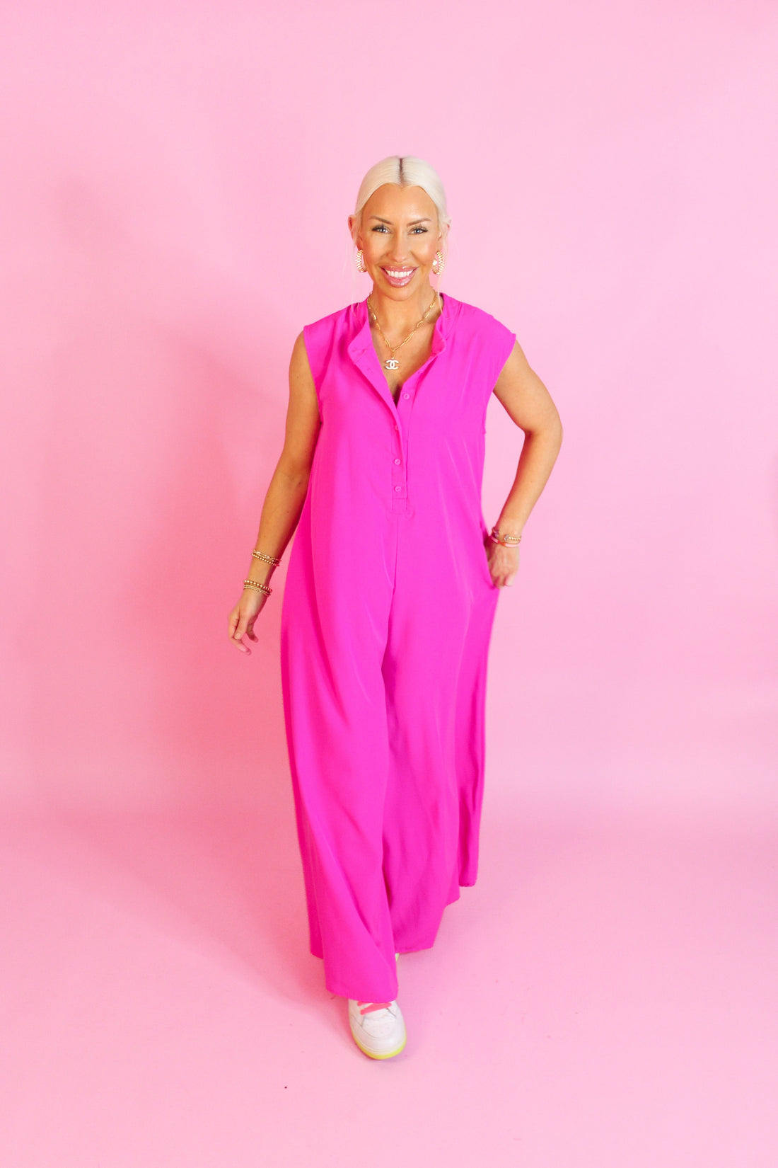 Hot Pink Button Up Wide Leg Jumpsuit