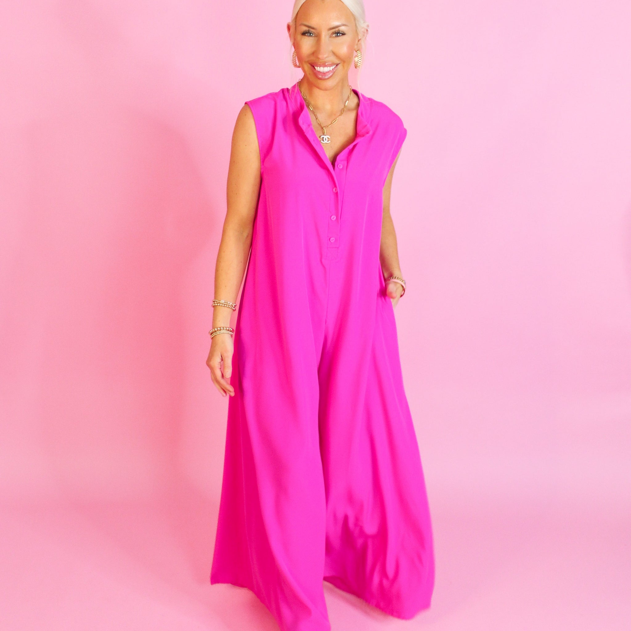 Hot Pink Button Up Wide Leg Jumpsuit