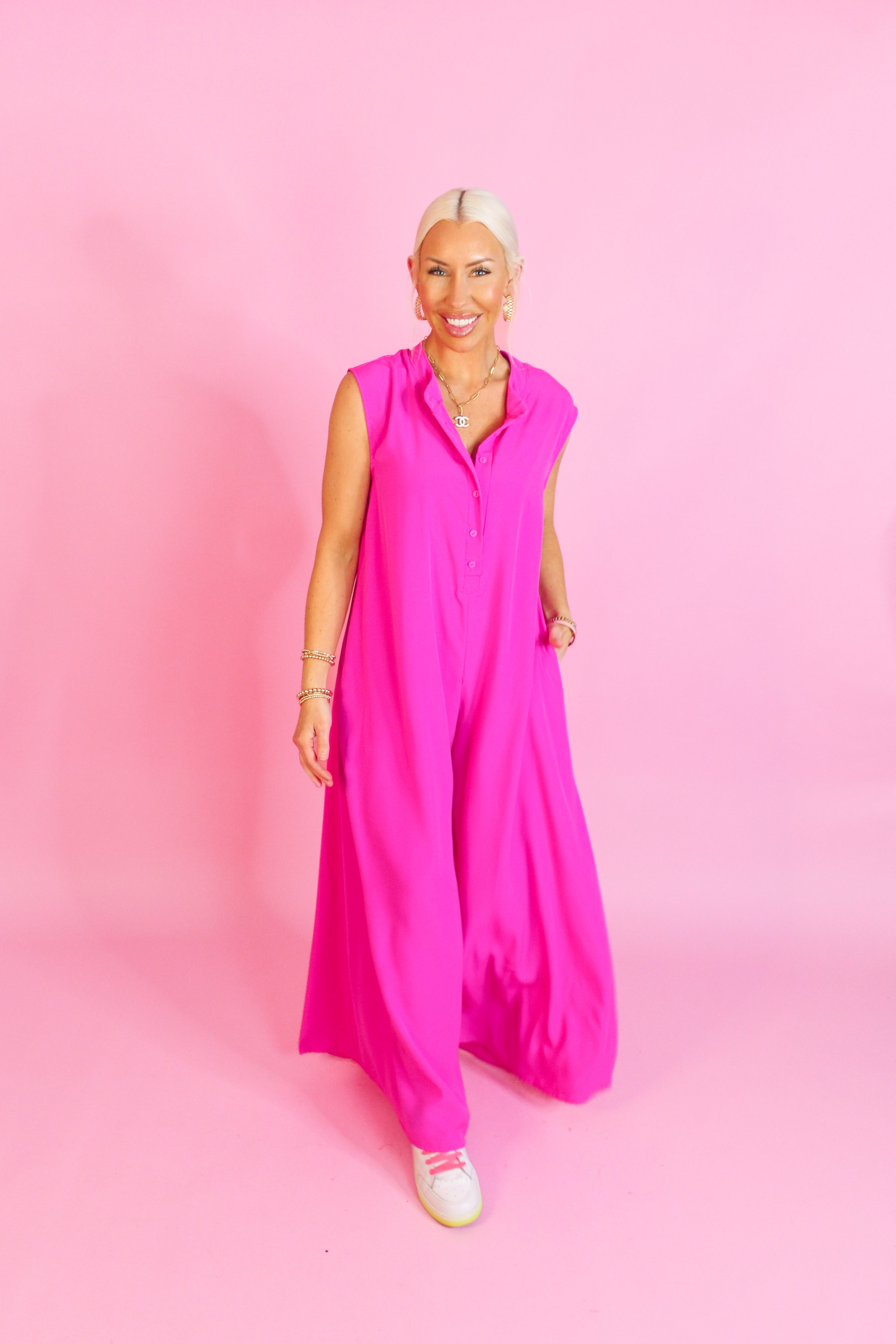 Hot Pink Button Up Wide Leg Jumpsuit