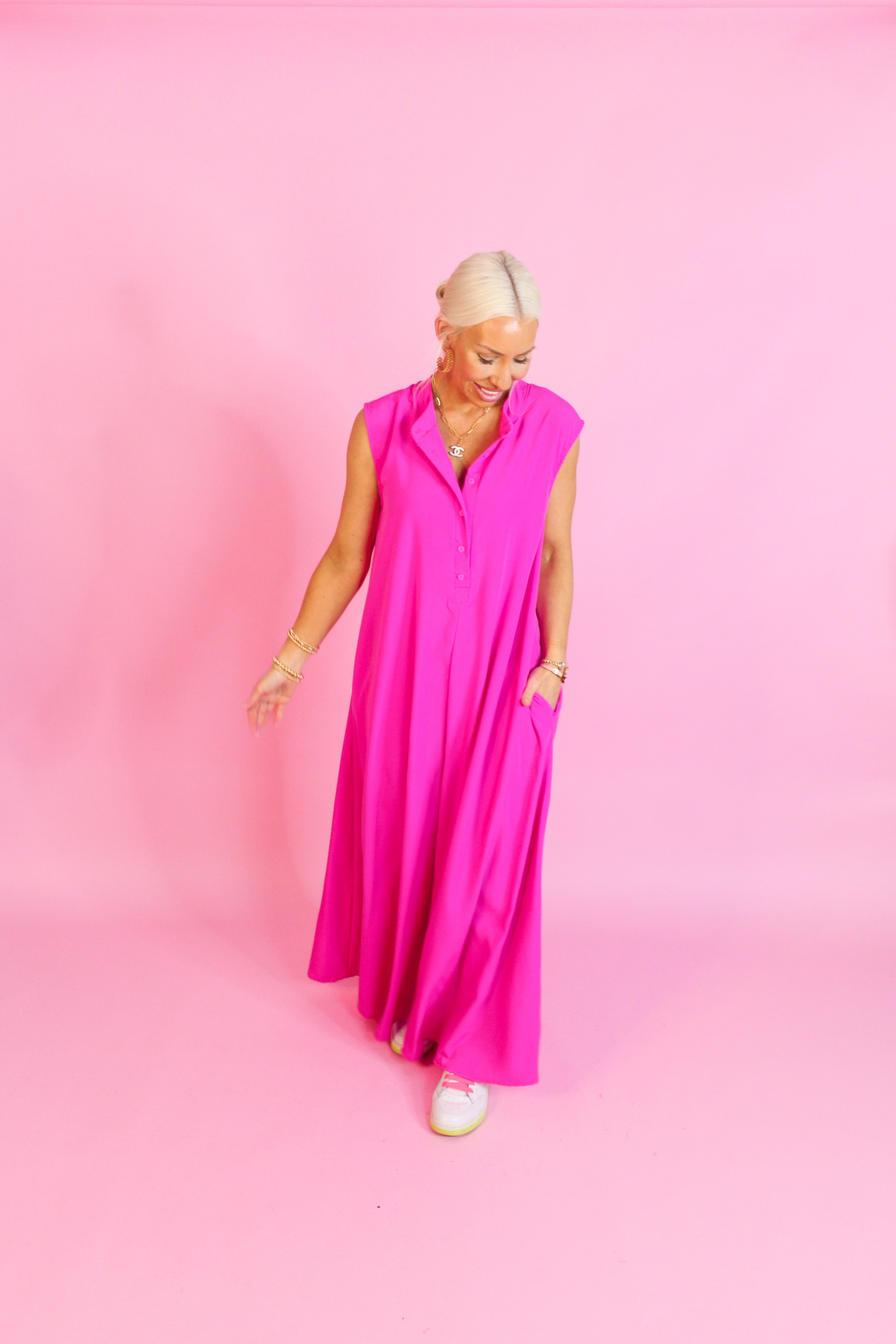 Hot Pink Button Up Wide Leg Jumpsuit