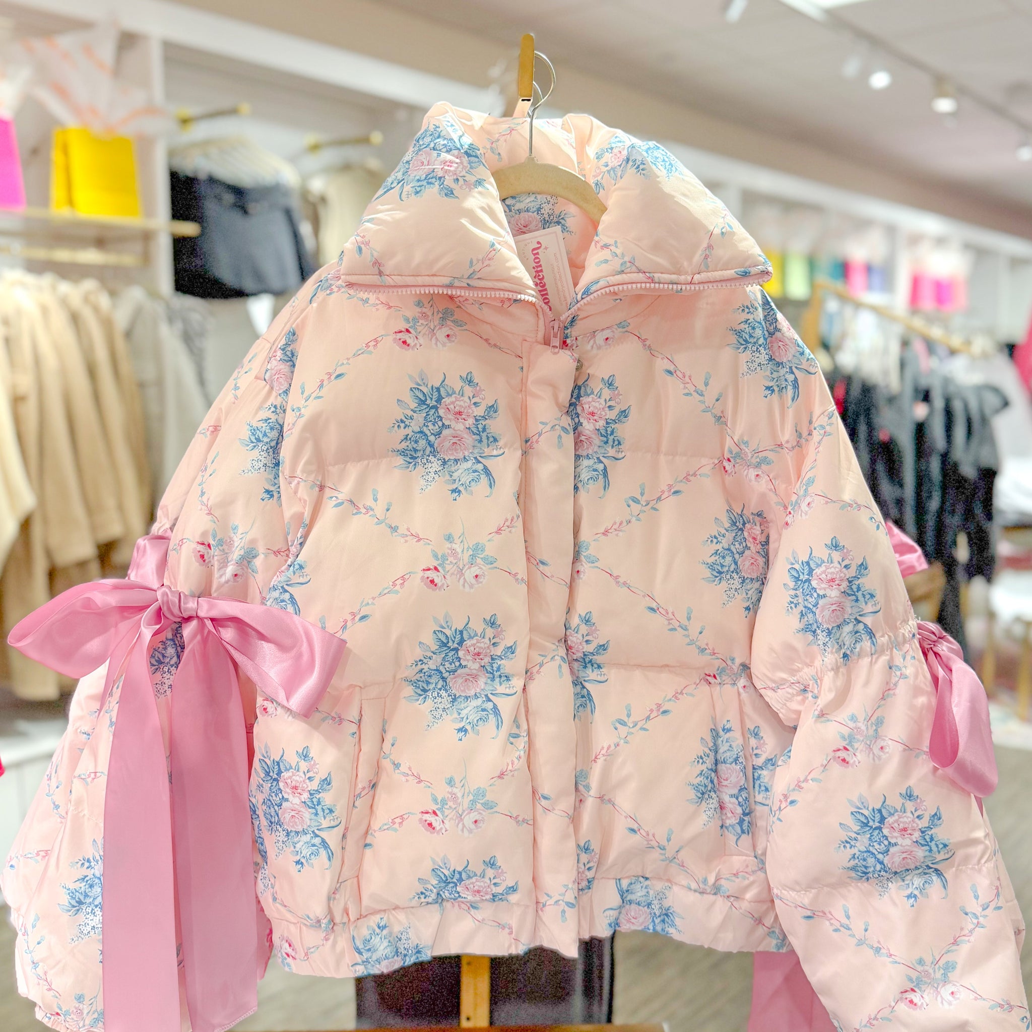 Pink and Blue Floral Puffer Jacket With Bows