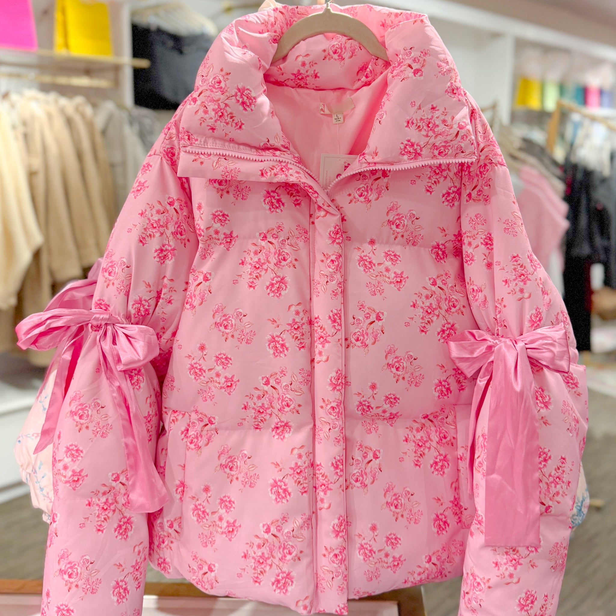 Hot Pink Floral Puffer Jacket With Bows