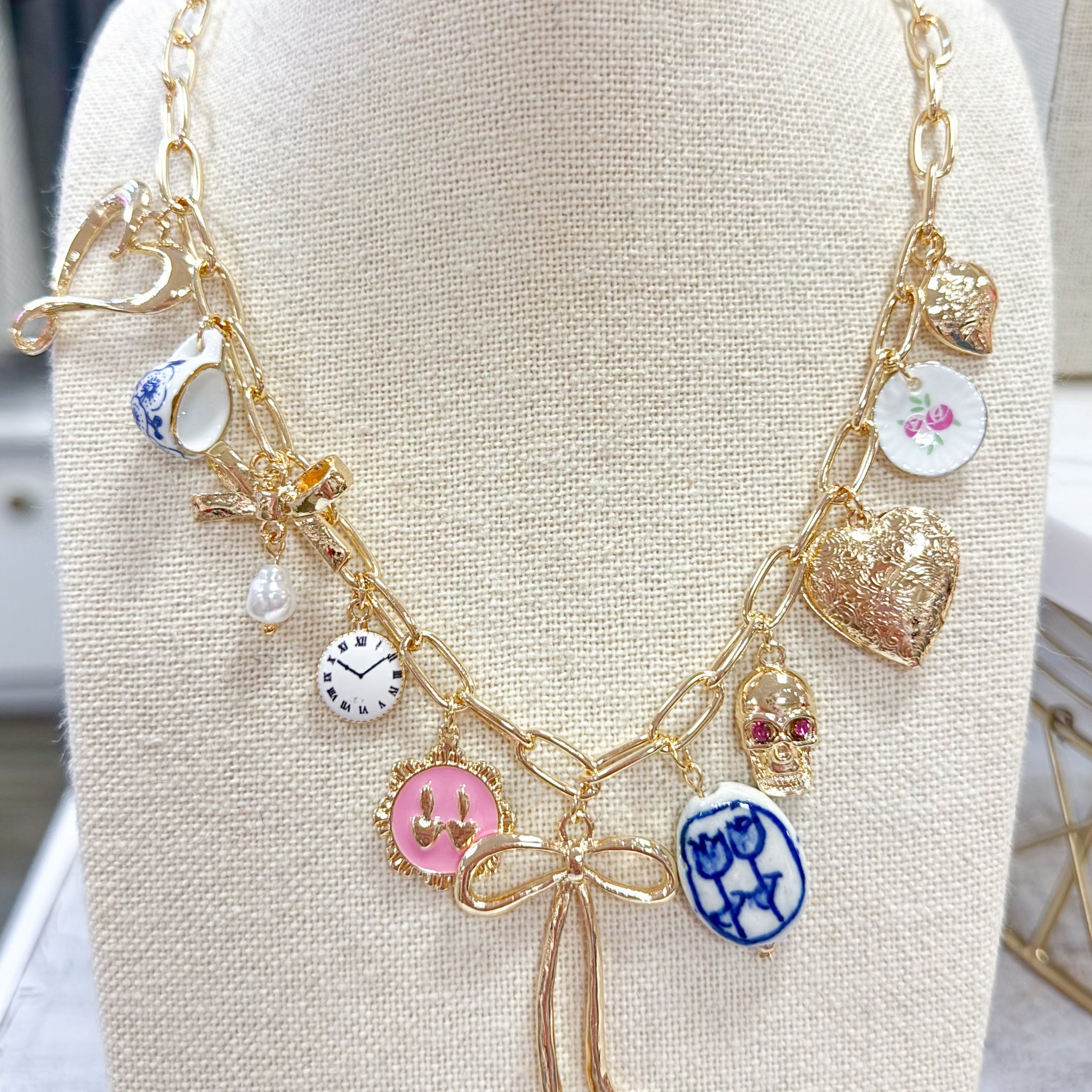 Bow, Heart & Tea Cup Charm Necklace