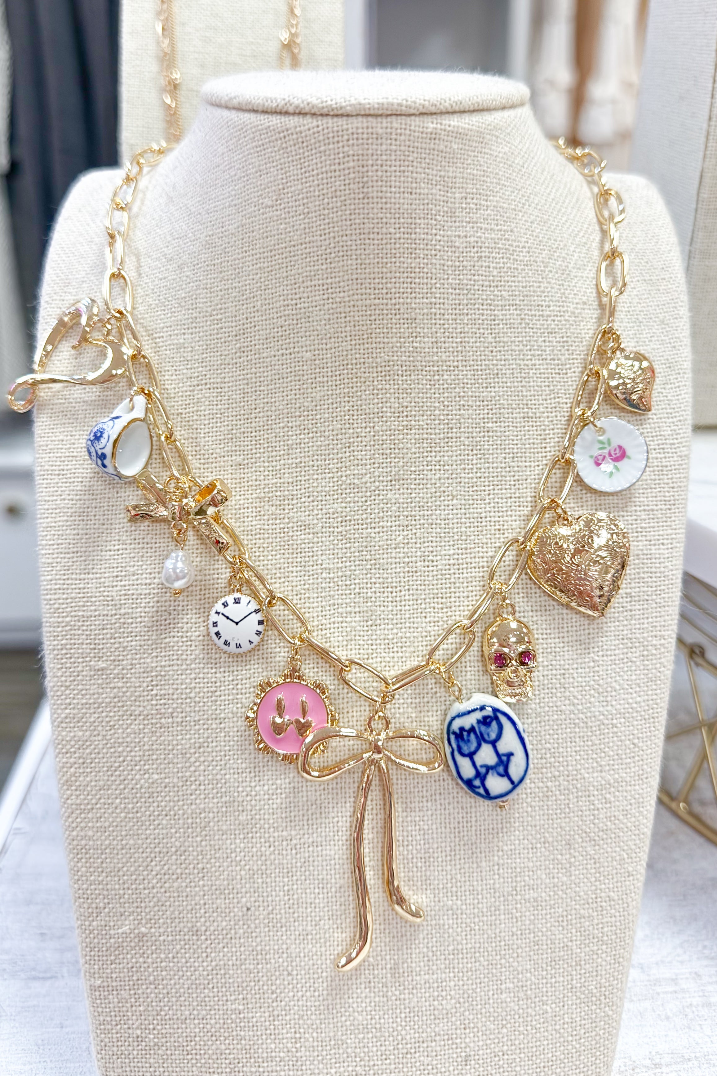 Bow, Heart & Tea Cup Charm Necklace
