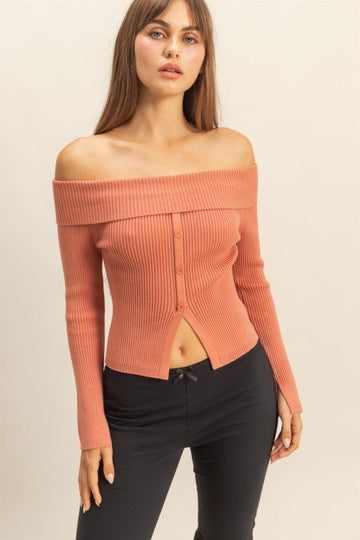 Salmon Off The Shoulder Button Down Sweater