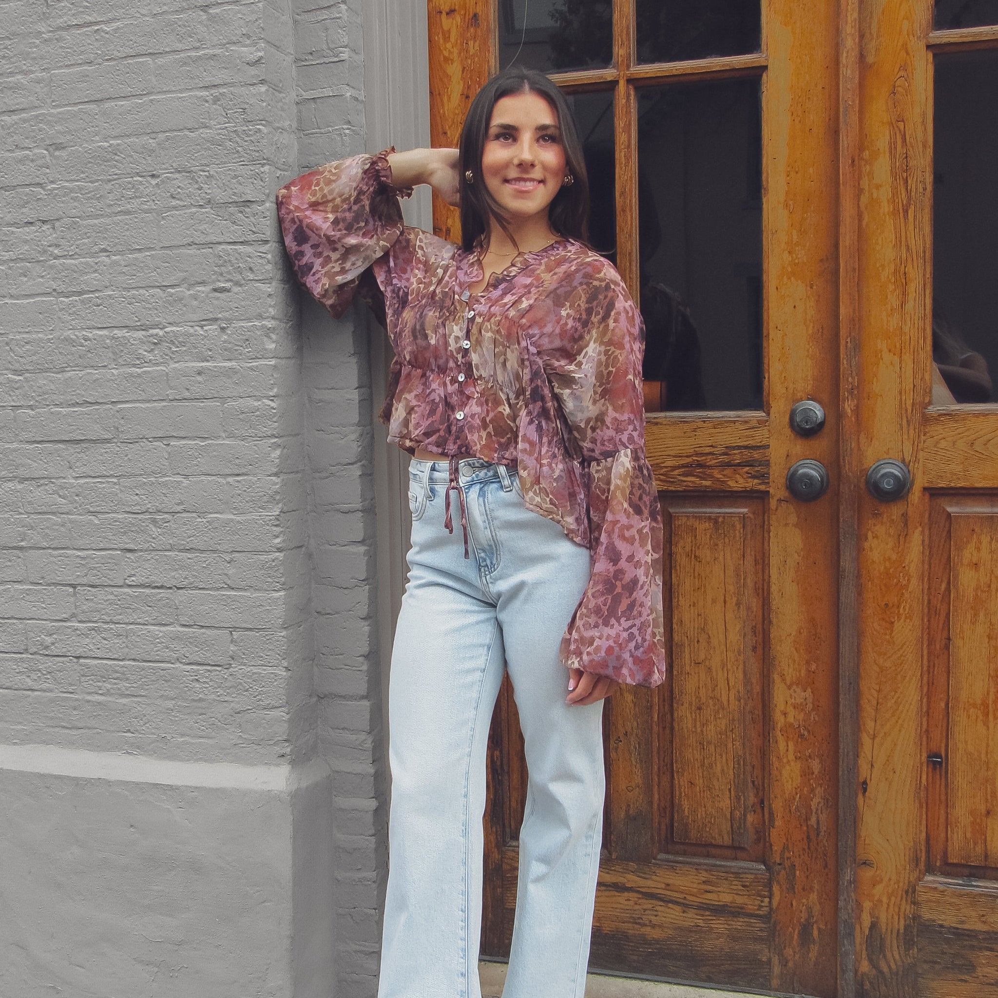 Multi Leopard Sheer Long Sleeve Blouse