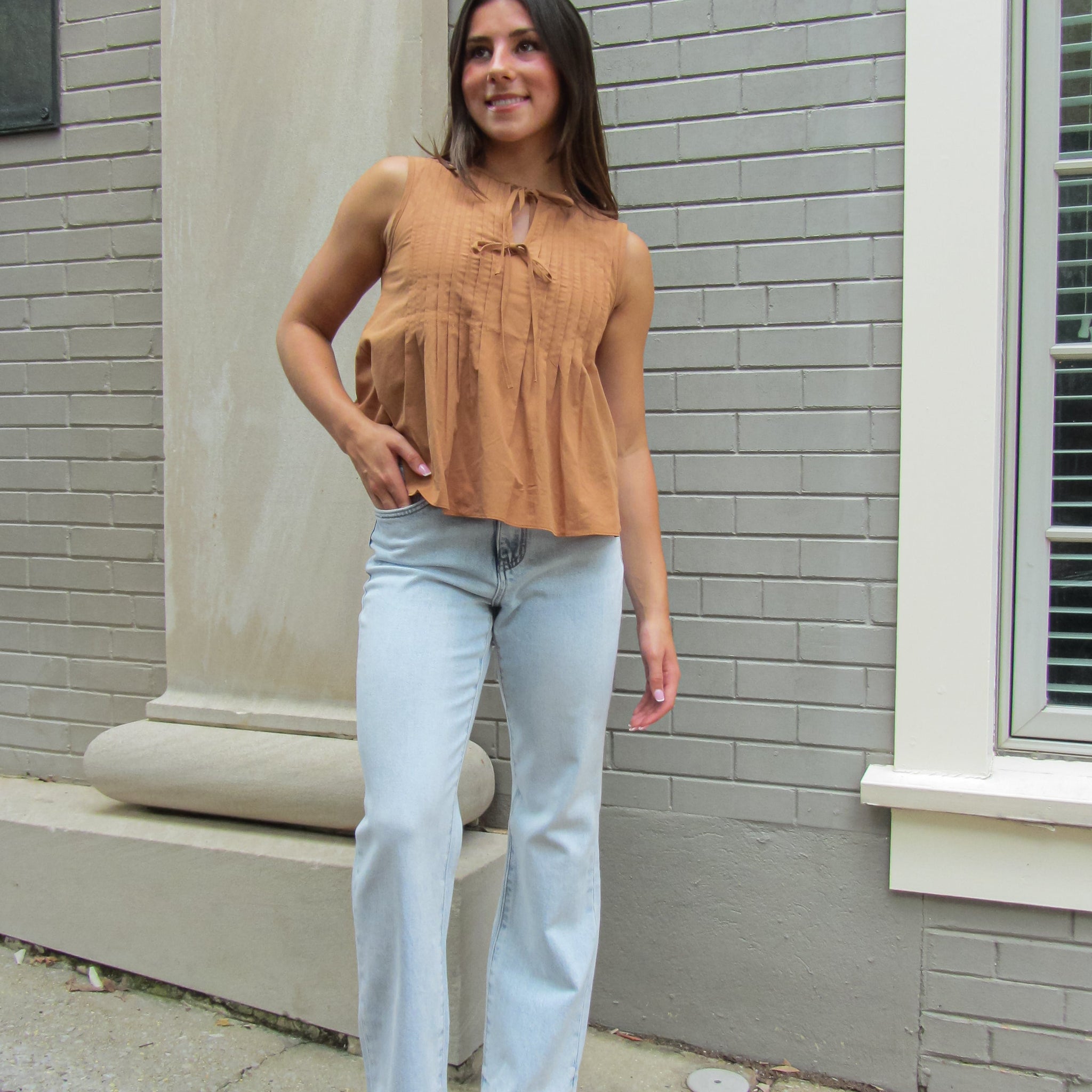 Rust Pintuck Tie Front Sleeveless Poplin Top