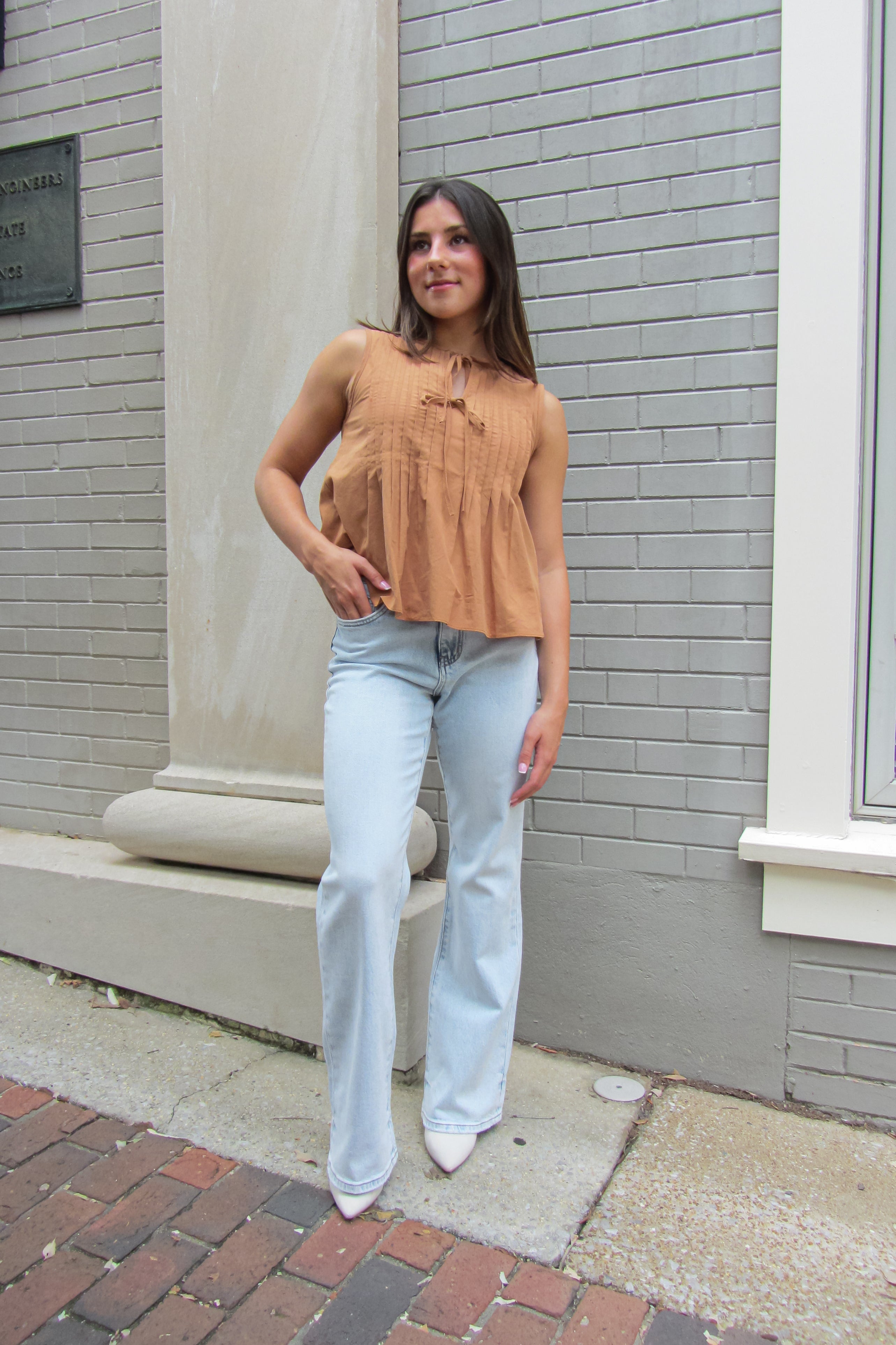 Rust Pintuck Tie Front Sleeveless Poplin Top