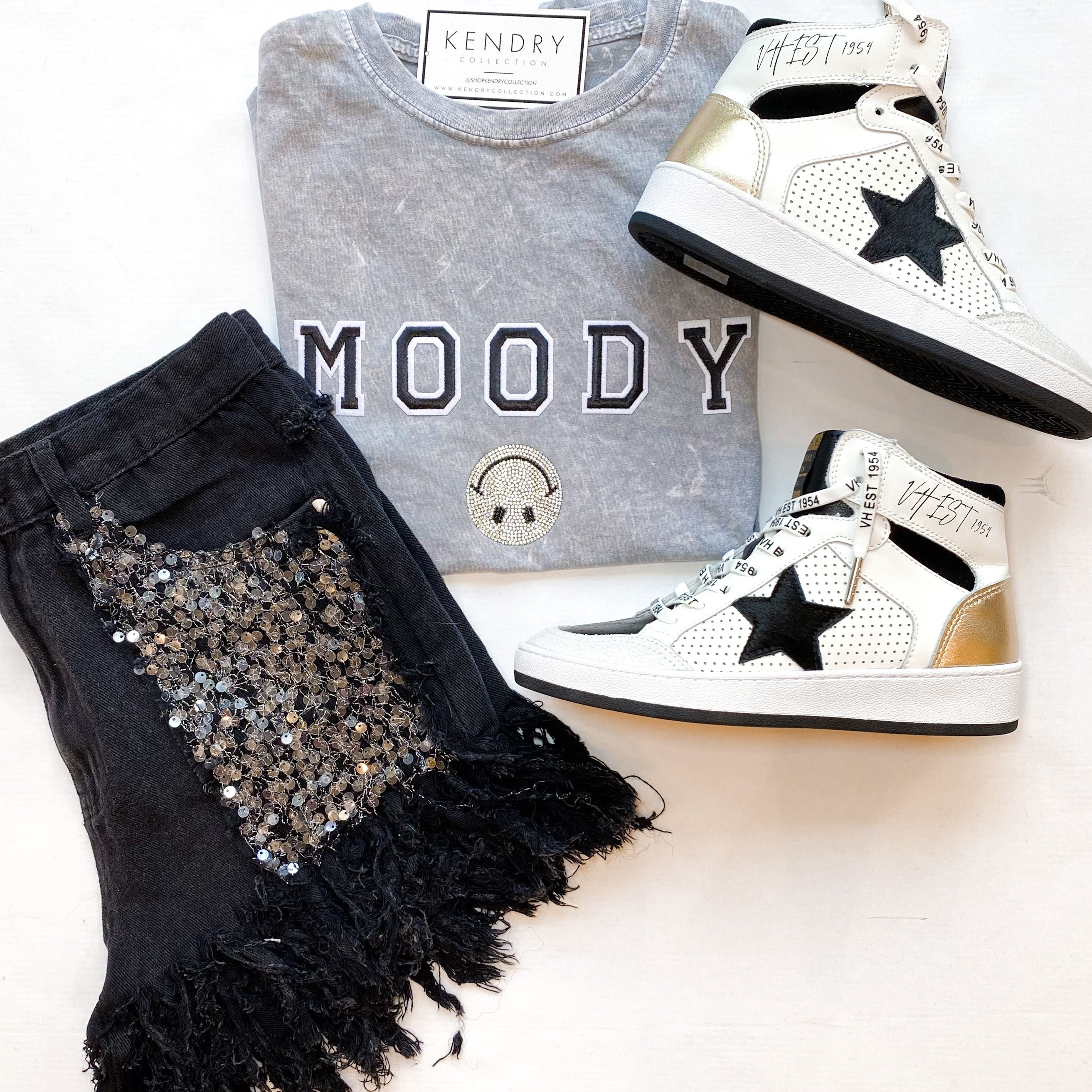 Moody Rhinestone Smiley Face Graphic Tee