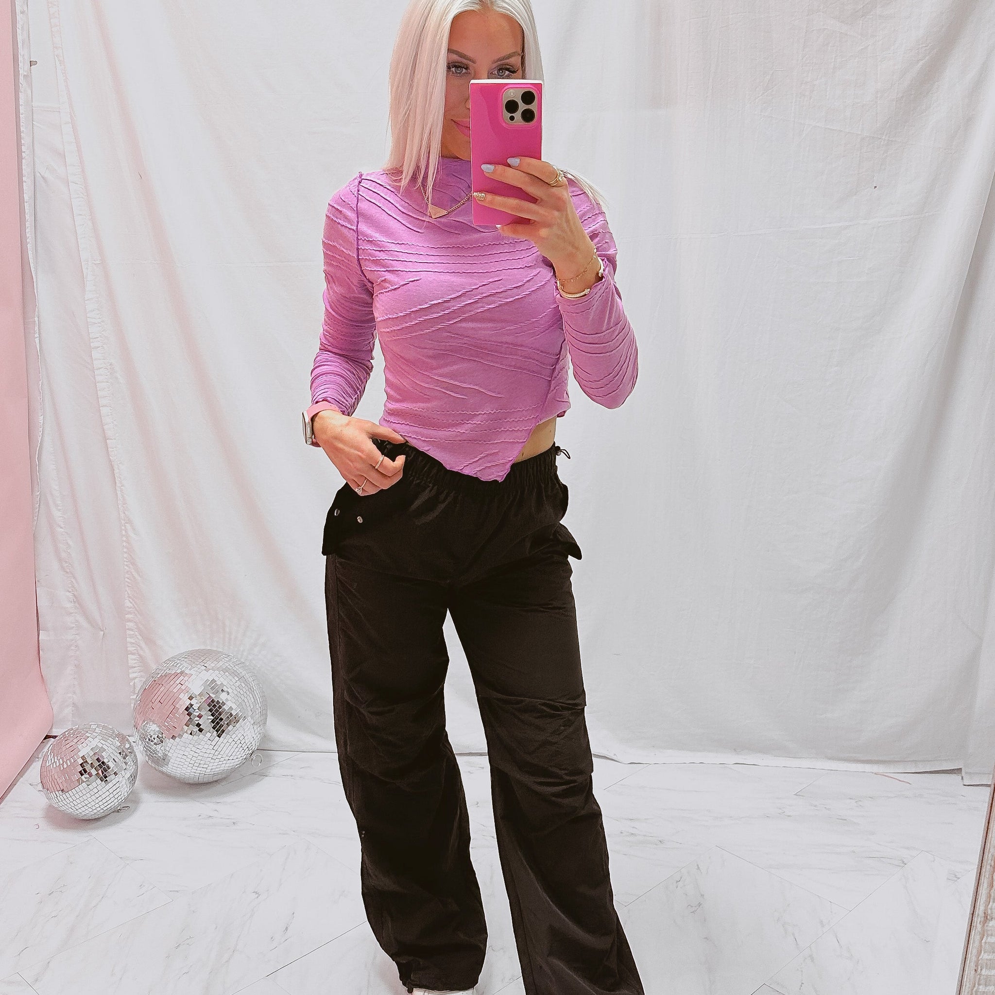 Purple Textured Long Sleeve Mock Neck Top