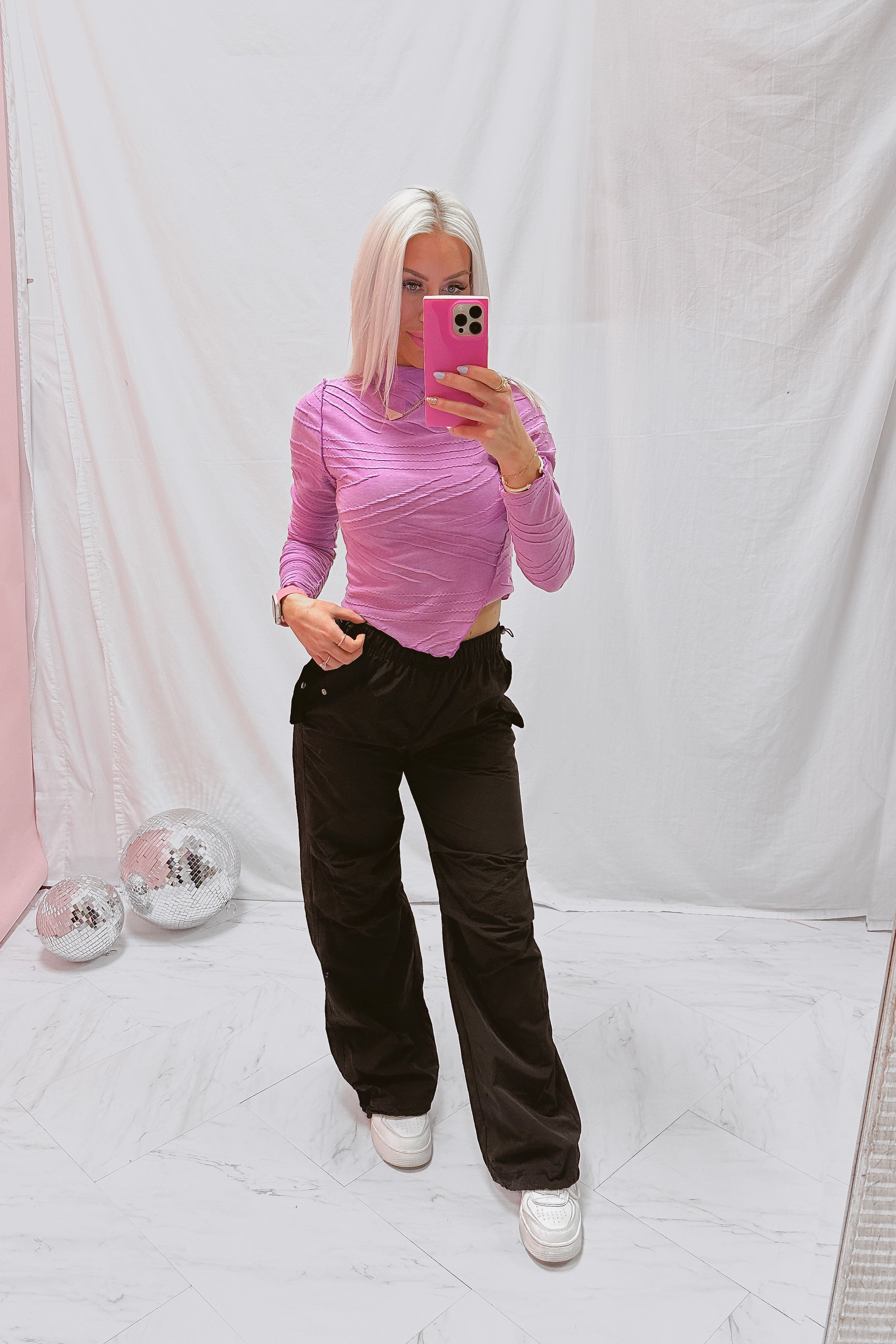 Purple Textured Long Sleeve Mock Neck Top