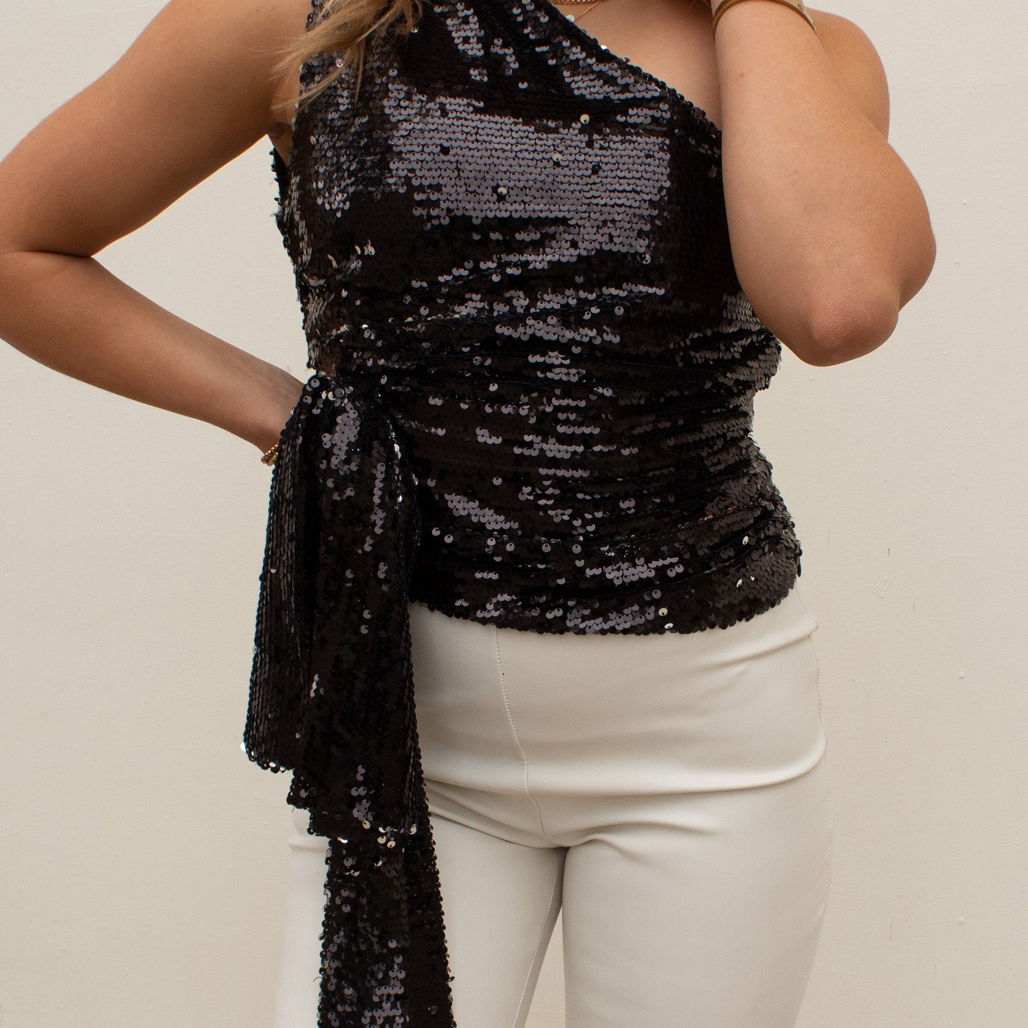 Black Sequin One Shoulder Tie Top