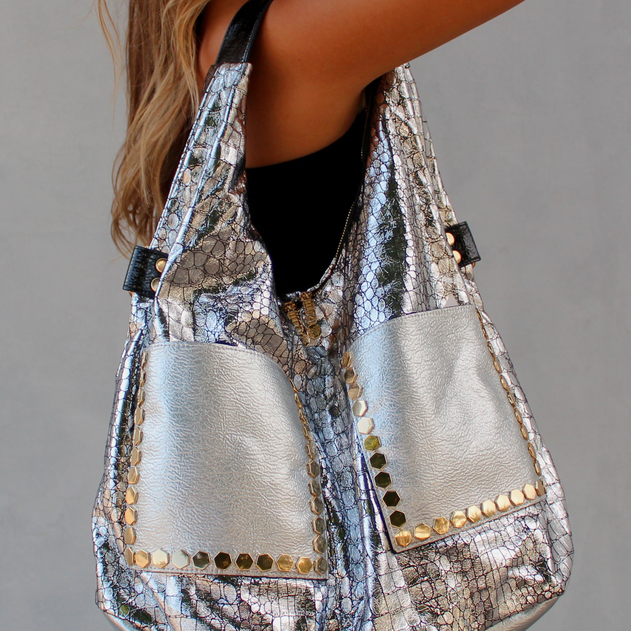Silver Metallic Slouchy Hobo Bag With Black Front Pockets