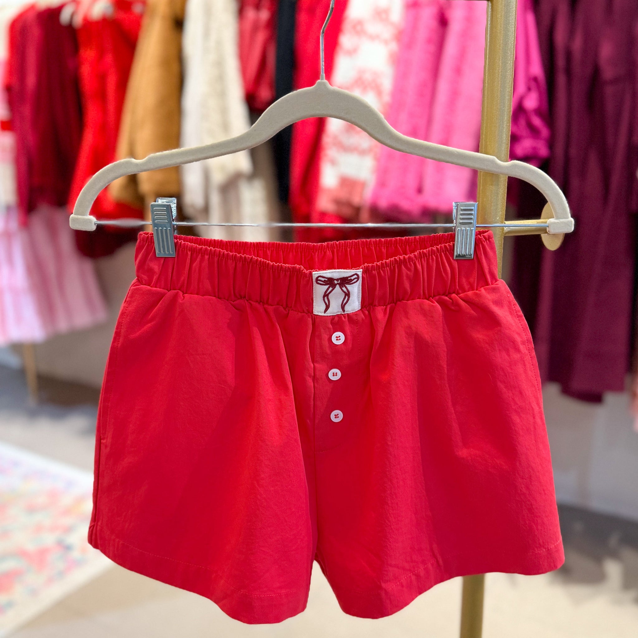 Red High Waisted Boxer Shorts With Embroidered Bow