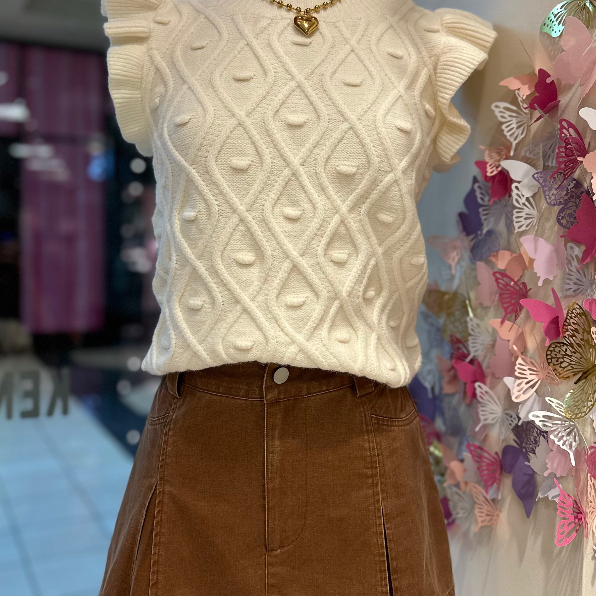 Brown Pleated Denim Mini Skort