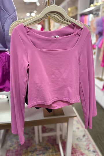 Pink Square Neck Long Sleeve Crop Top