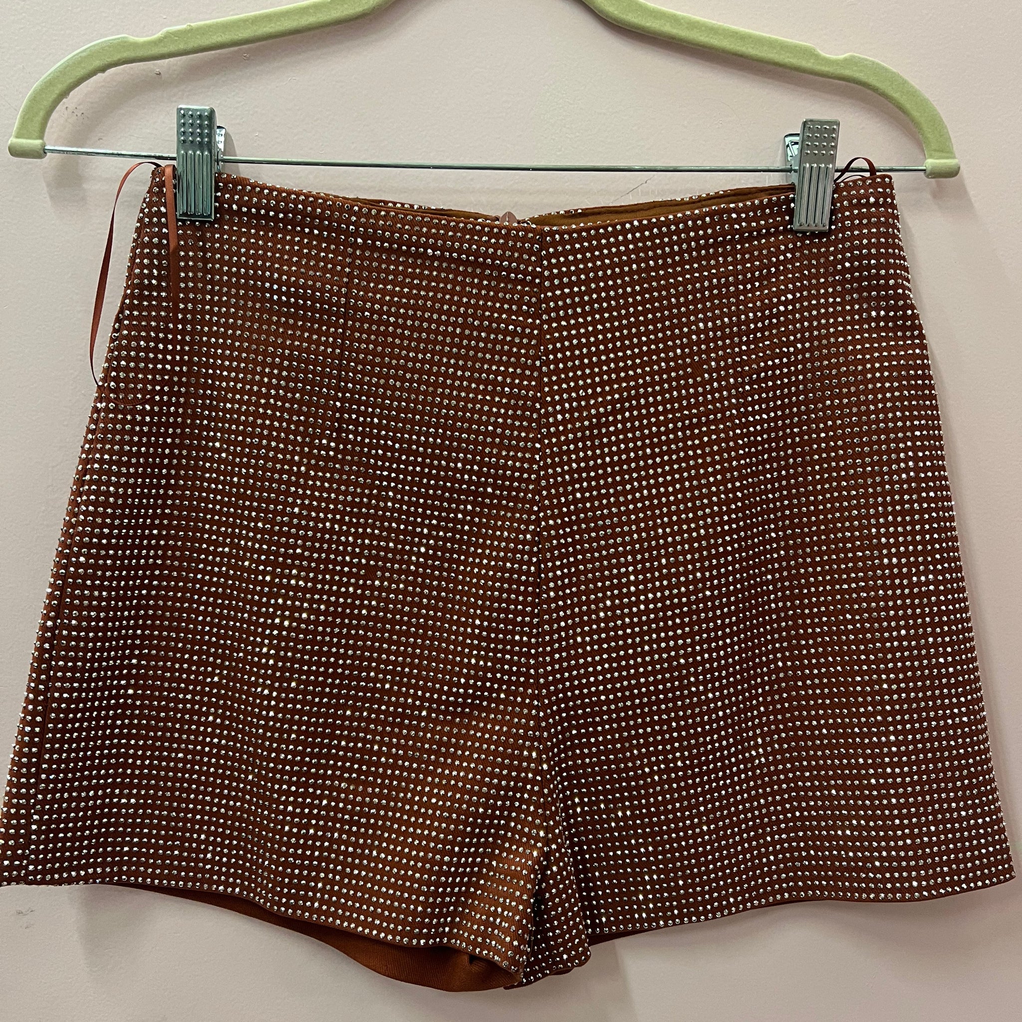 Brown Rhinestone Zip Shorts