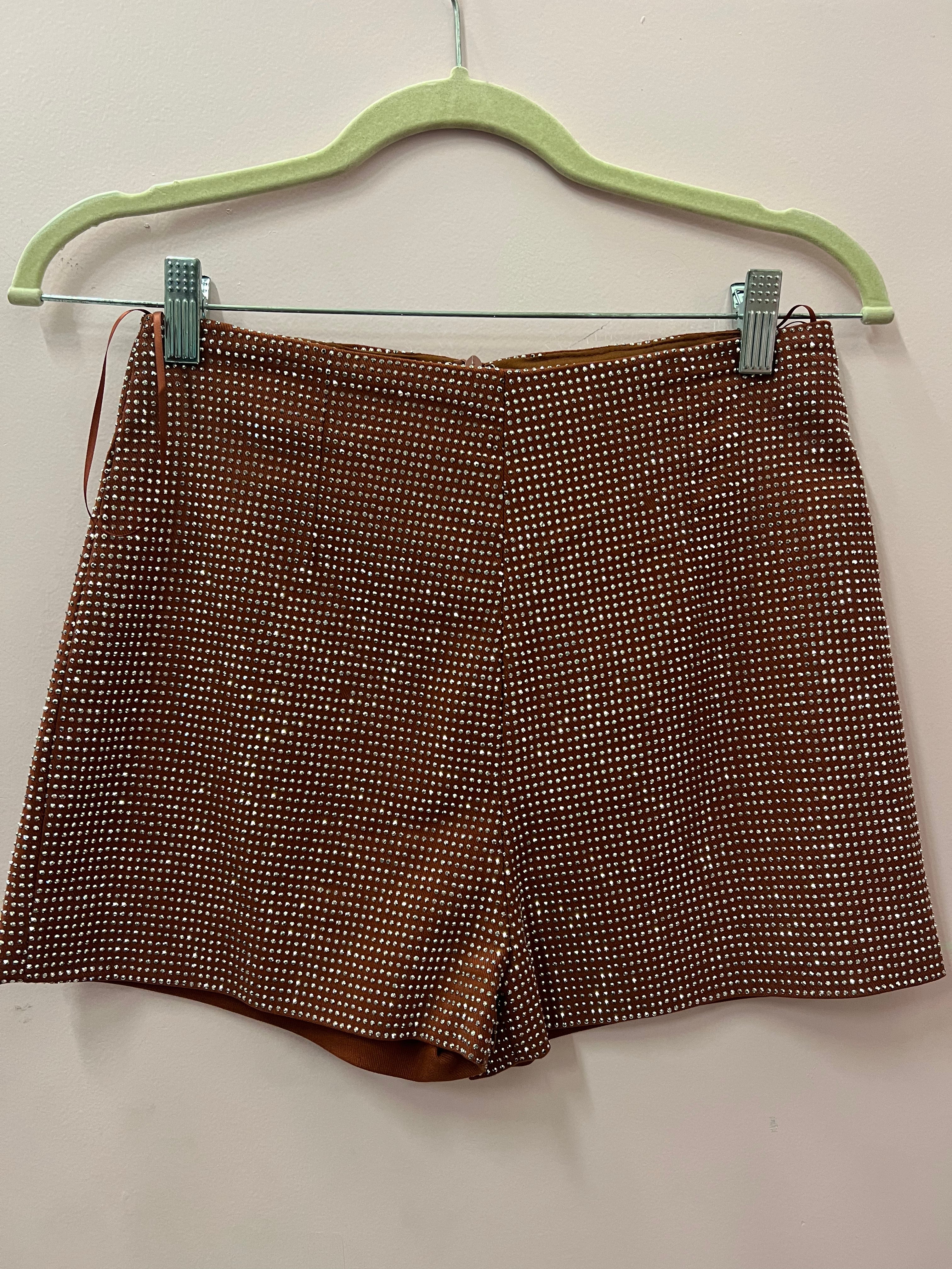 Brown Rhinestone Zip Shorts