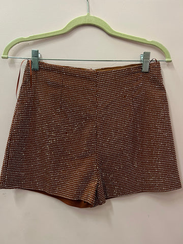Brown Rhinestone Zip Shorts