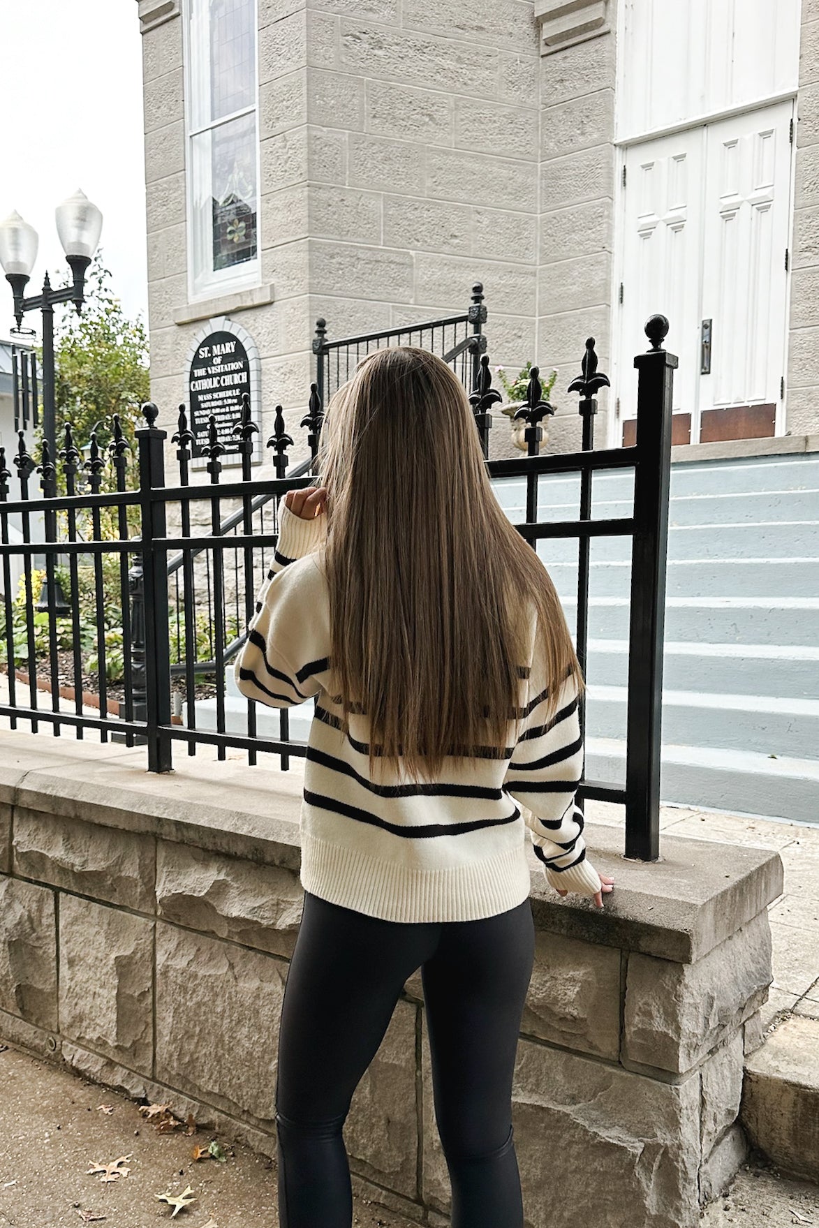Ivory and Black Striped Half Zip Collared Knit Sweater