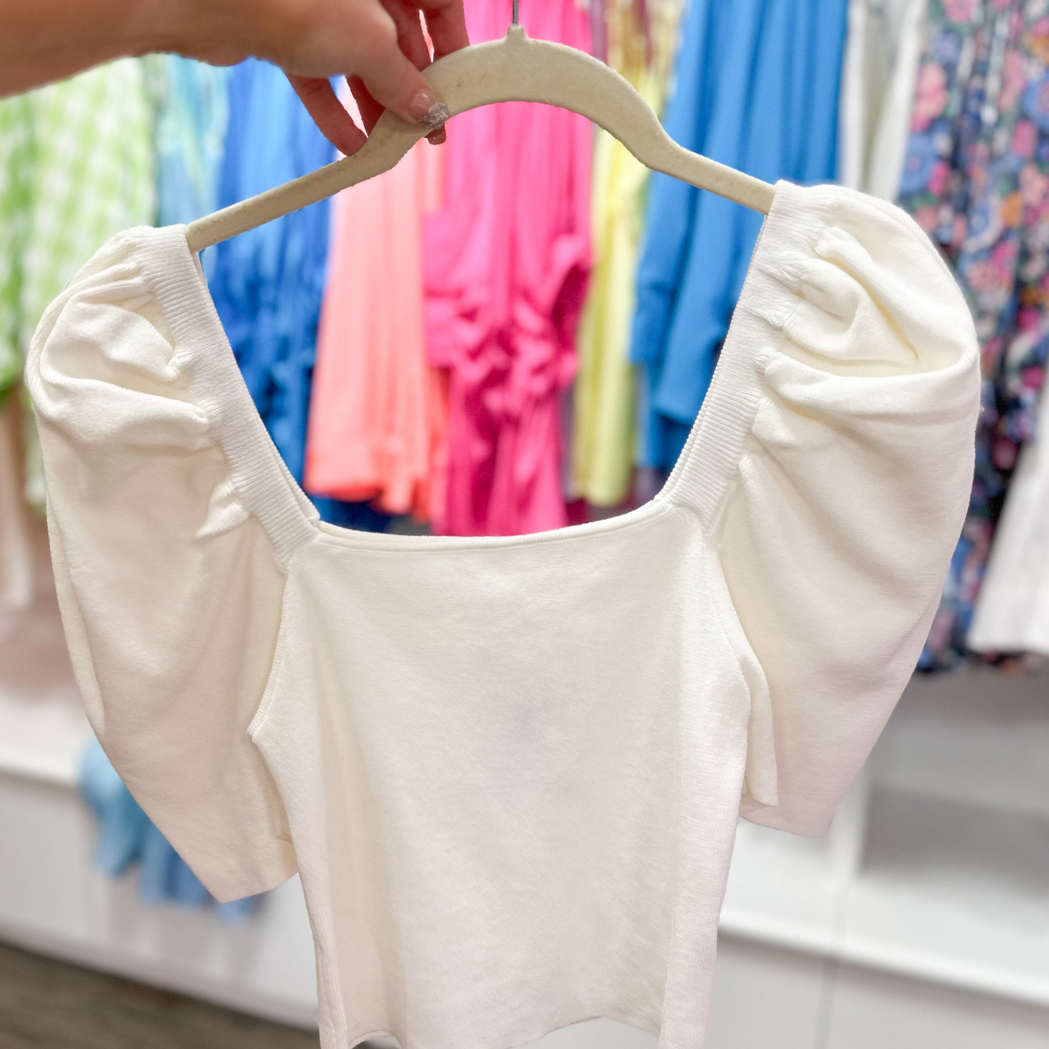 White Puff Sleeve Knit Short Sleeve Top