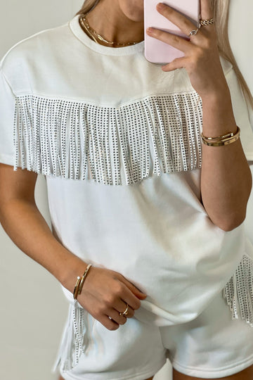 White Fringe Short Sleeve Top