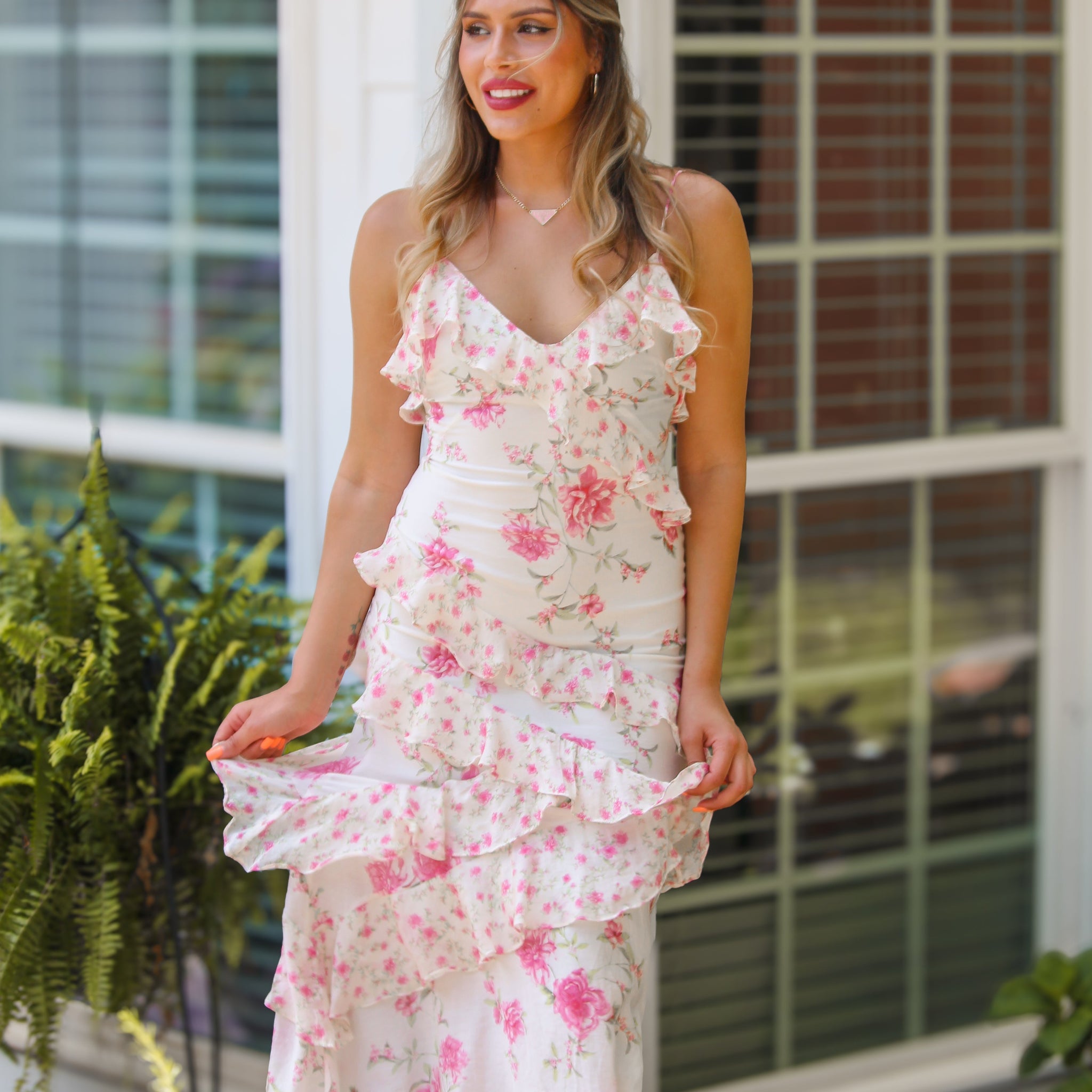 White and Pink Floral Ruffle Maxi Dress