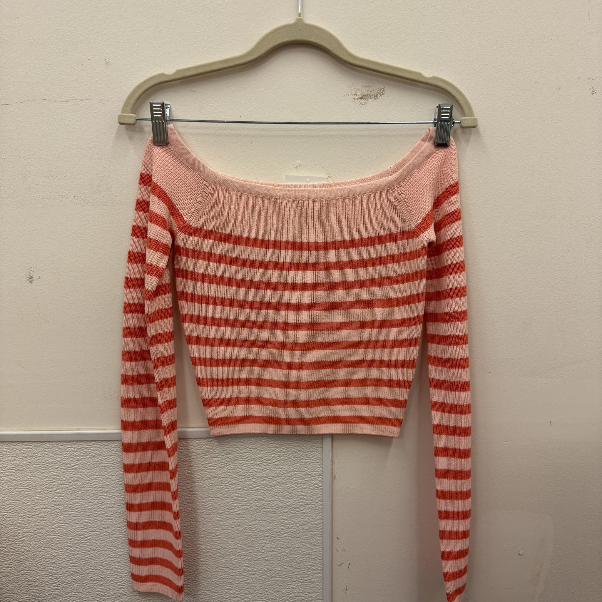 Blush and Coral Striped Off The Shoulder Knit Sweater